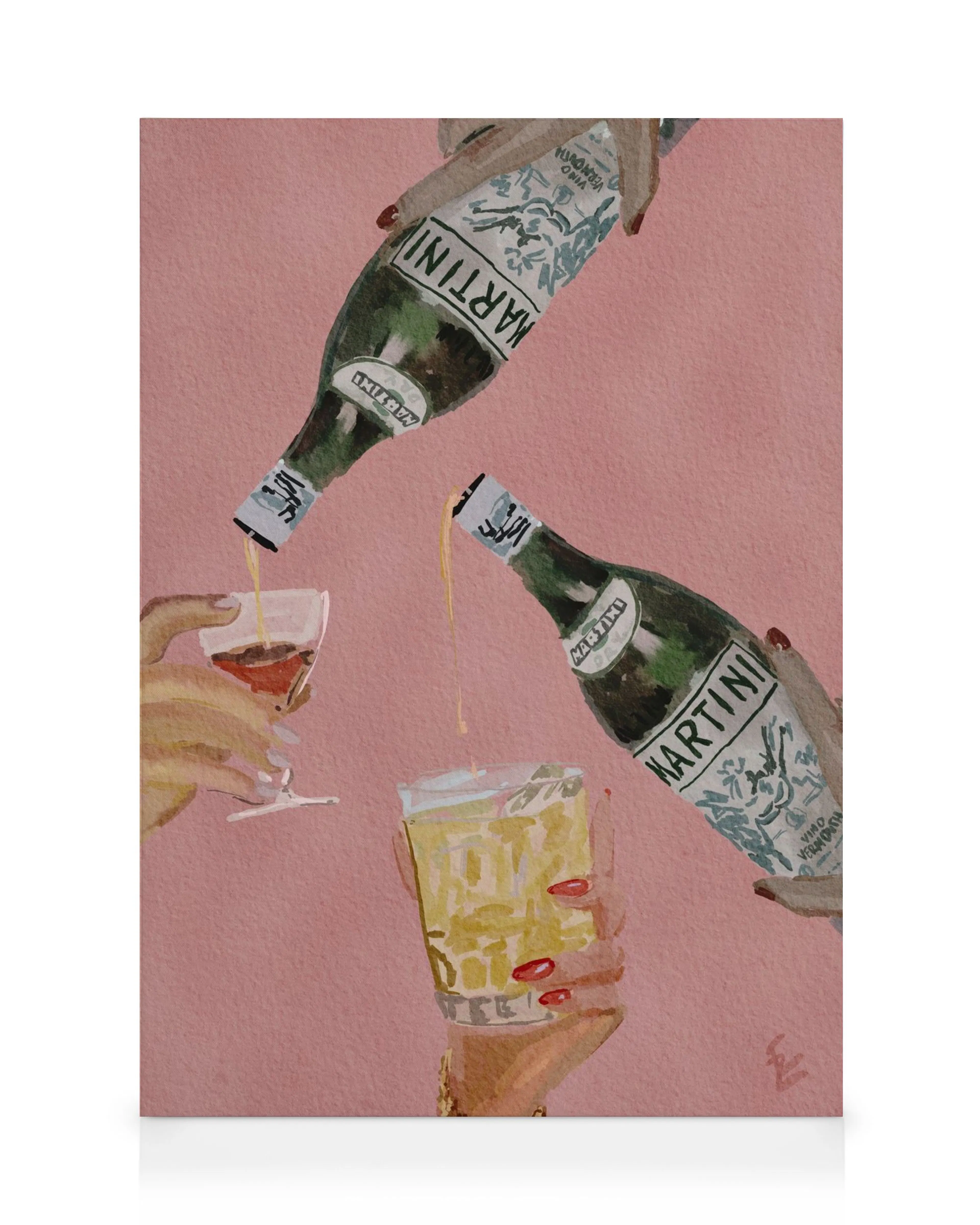 Aquarel canvas van twee flessen martini die in glazen worden geschonken, tegen een roze achtergrond.