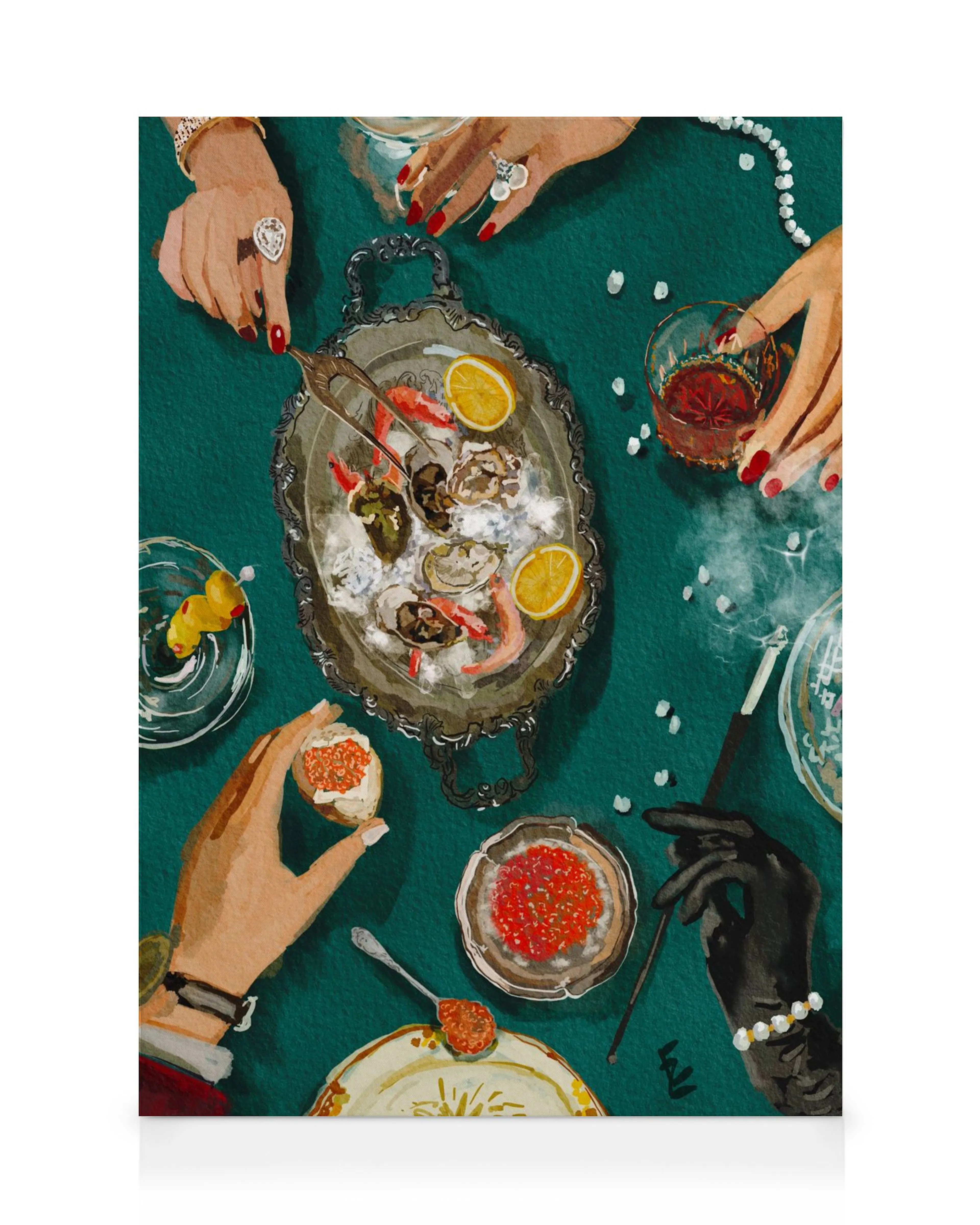 Schilderij van handen rond een decadente tafel met oesters, kaviaar, en juwelen, in levendige kleuren.