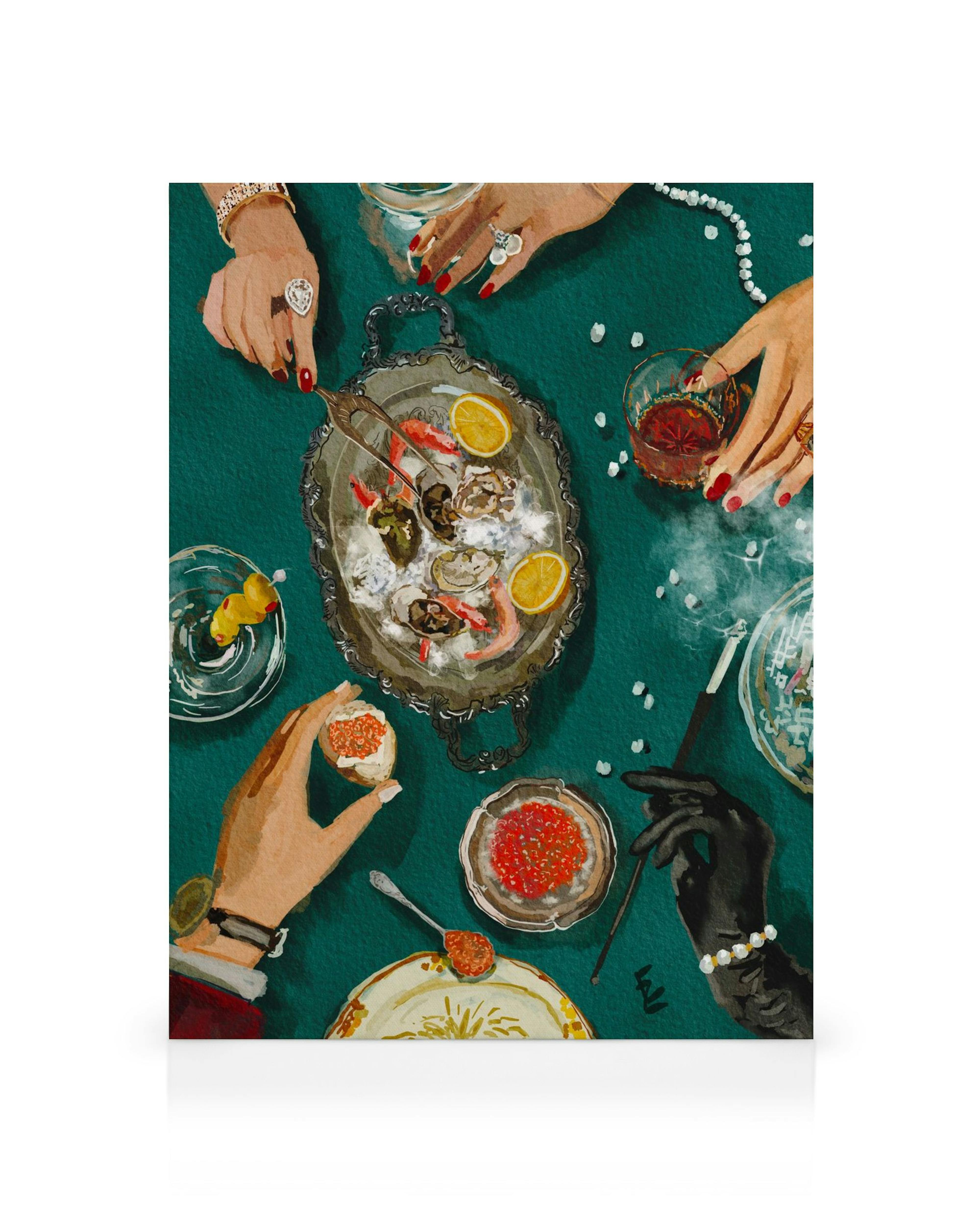 Lienzo Luxury Dinner de Ekaterina Zagorska. Manos con joyas en una mesa de banquete con ostras, caviar y champán, estilo alta so