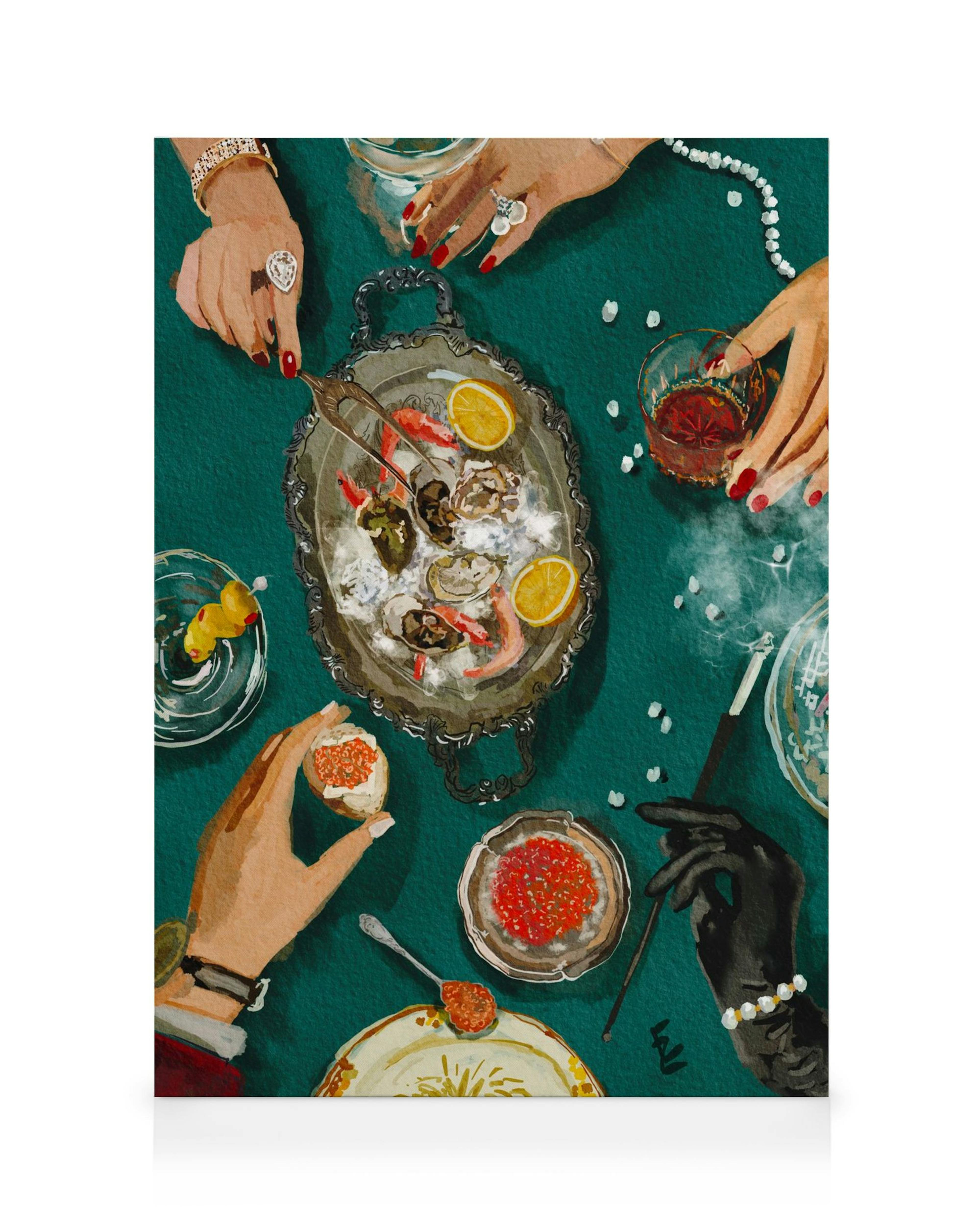 Textured canvas print of a luxury dinner scene with hands, oysters, caviar, and drinks on a dark green tablecloth.