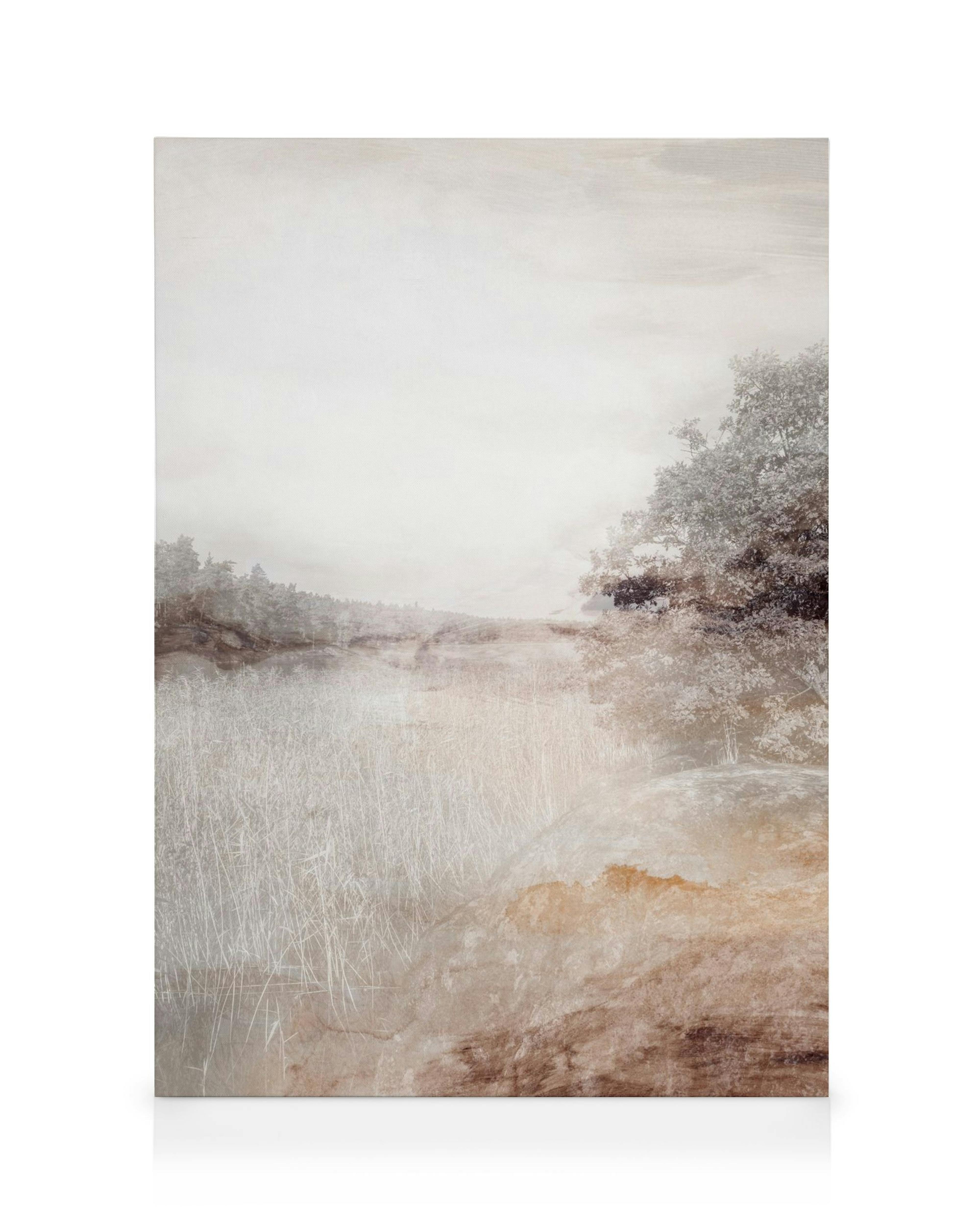 Photography in Aquarelle No1 canvas print, a beige and brown watercolor painting of a dreamy landscape with trees and grass.