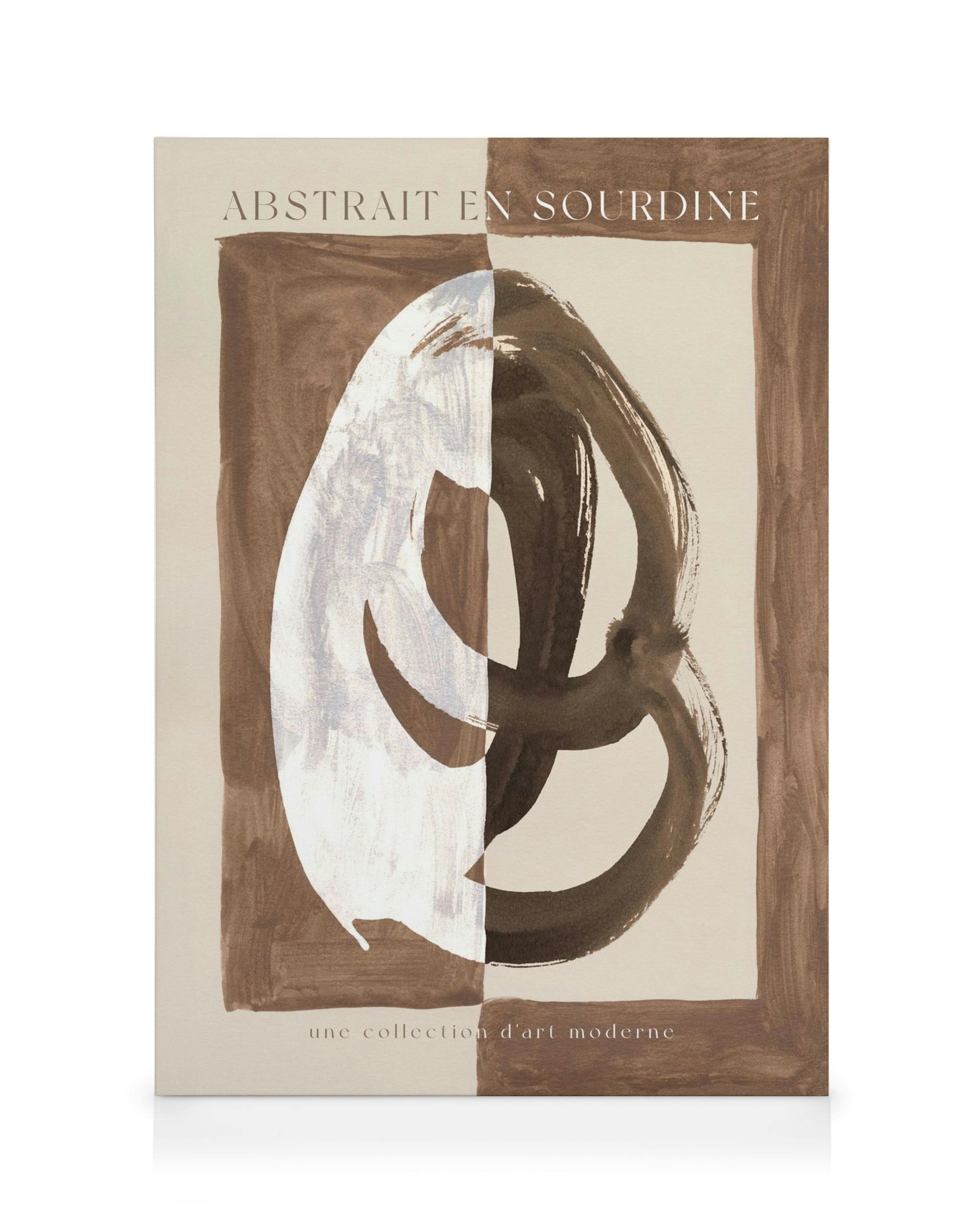 Abstrakt lærred med en hvid og brun penselstrøg, der deler et cremefarvet felt, omgivet af en brun ramme.