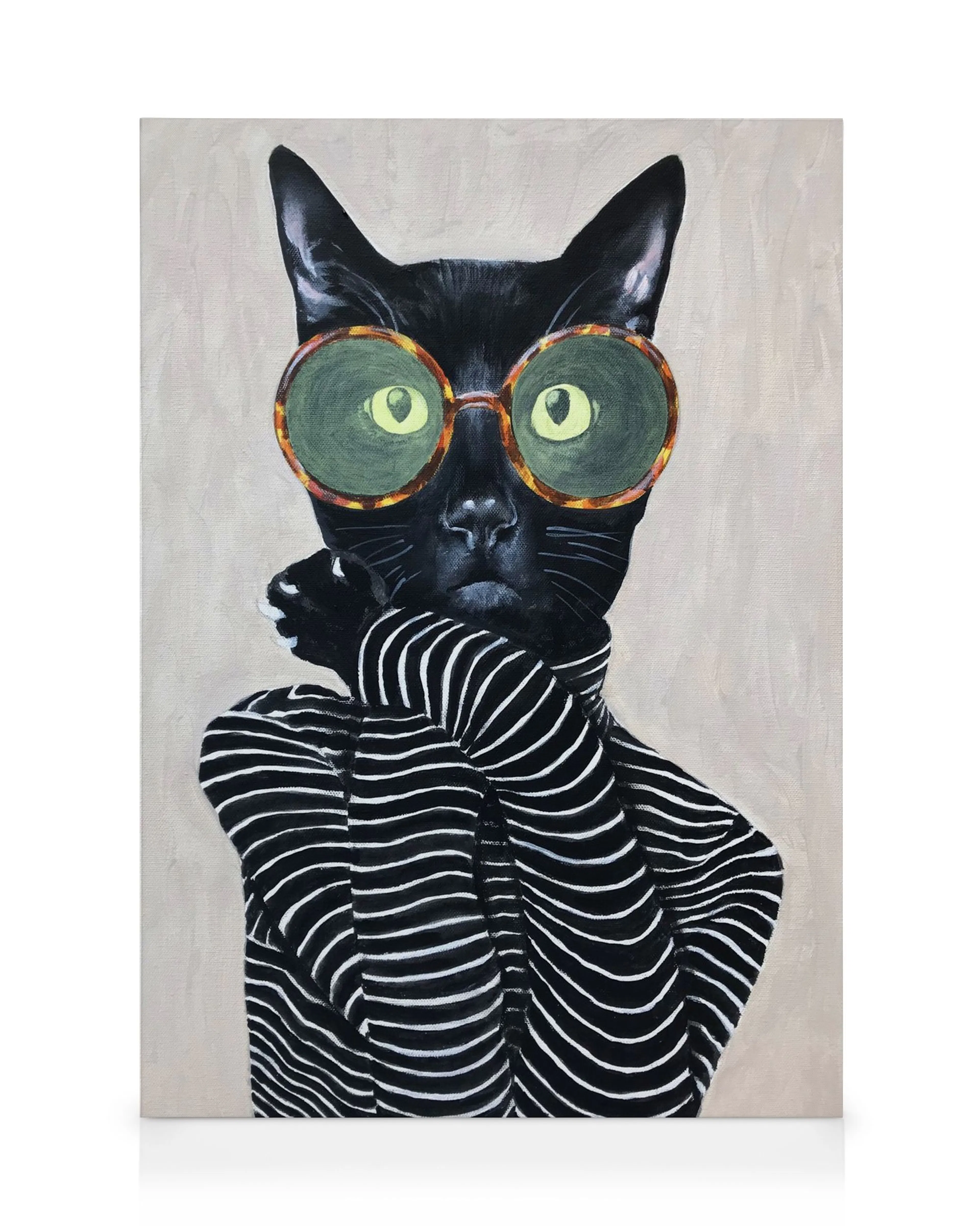 Svart katt med runda glasögon och randig tröja, modemotiv på canvas.