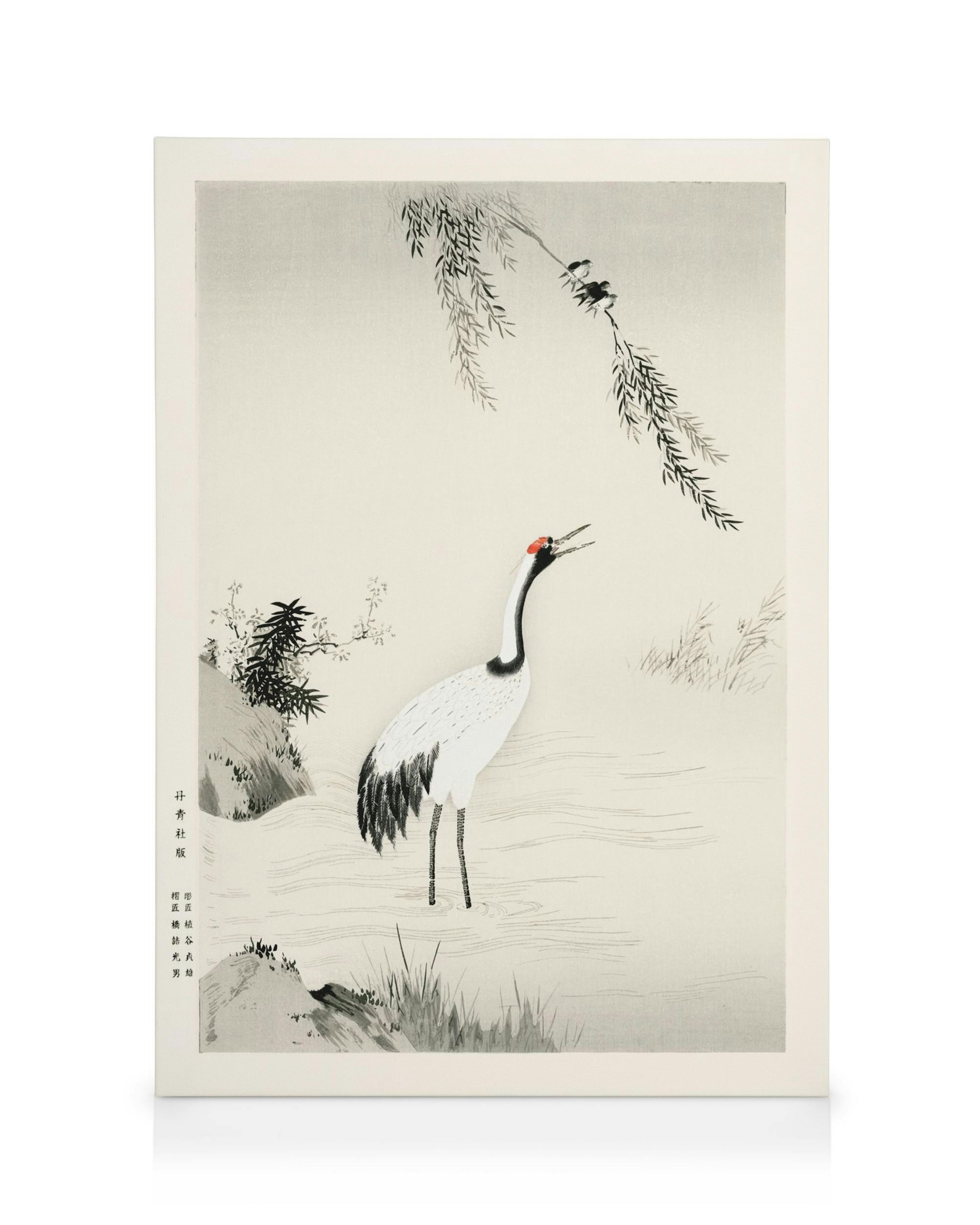 Japansk trane i vann, beige, grå og hvit kunst av Kano Motonobu. Rolig, asiatisk fuglemotiv.