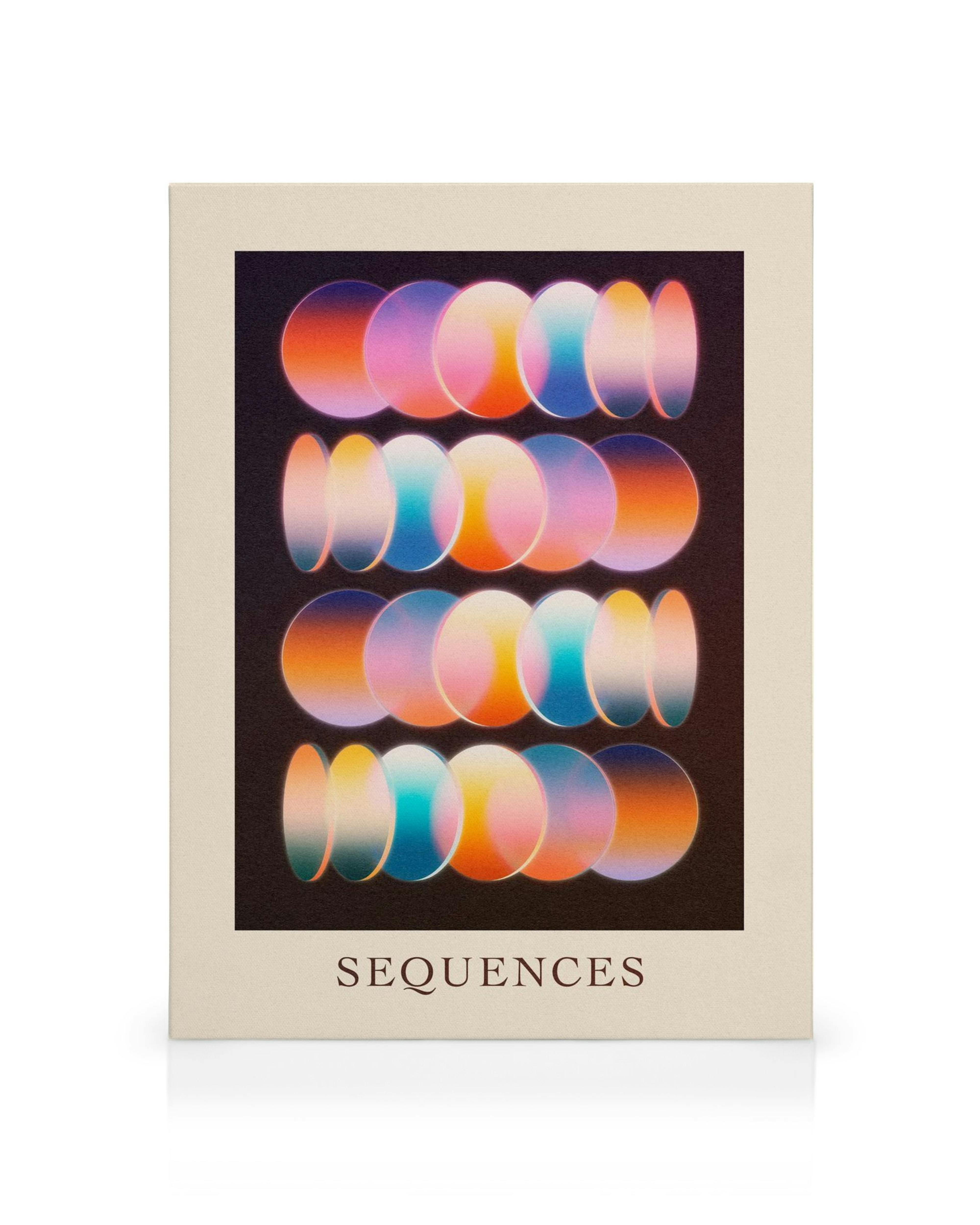 Leinwandbild mit vier Reihen von farbigen, halbtransparenten Kreisen in Rosa, Blau, Orange und Gelb auf schwarzem Hintergrund.