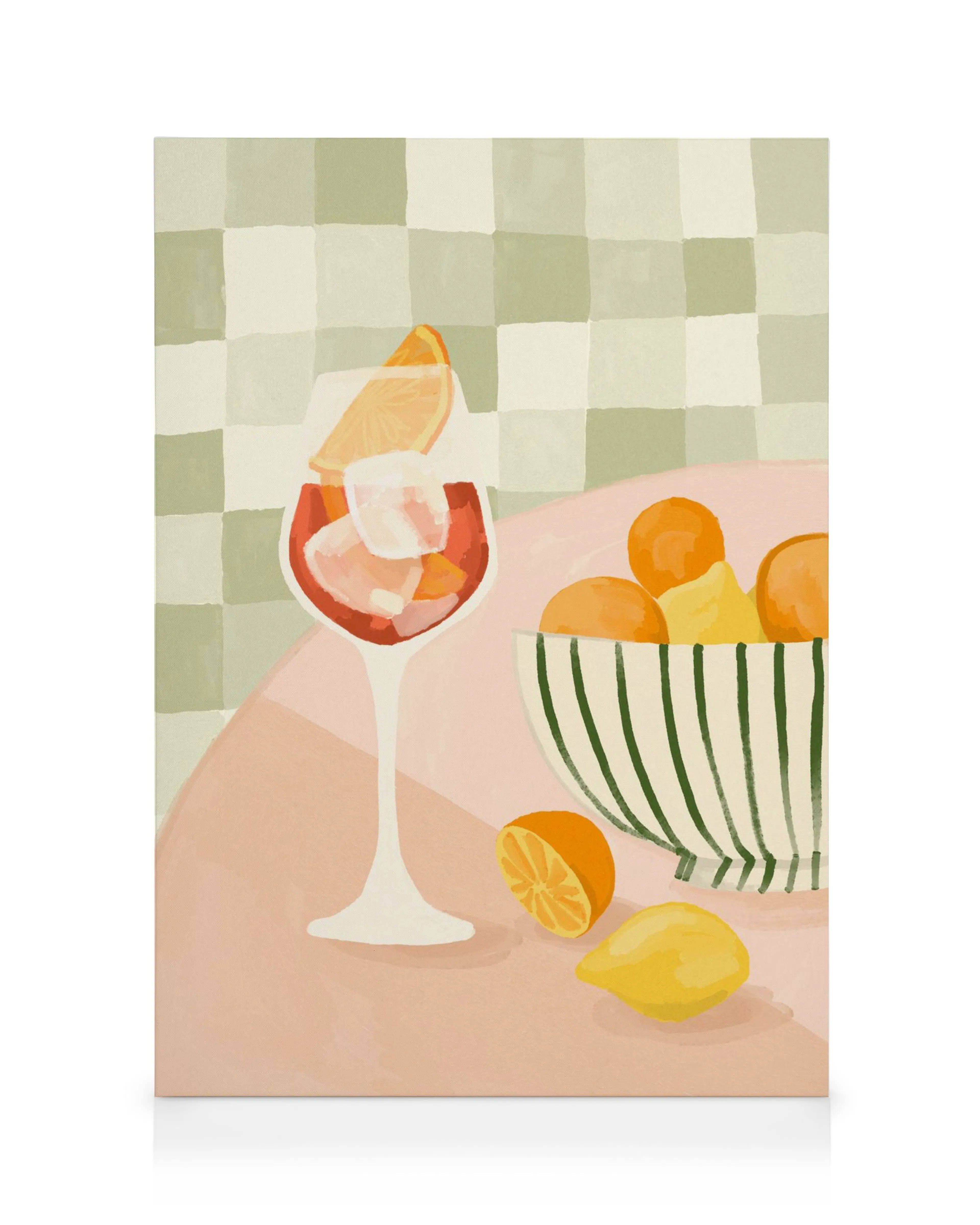 Canvas print of oranges in striped bowl, lemons, and red wine with ice on a checkered cloth for kitchen wall art.
