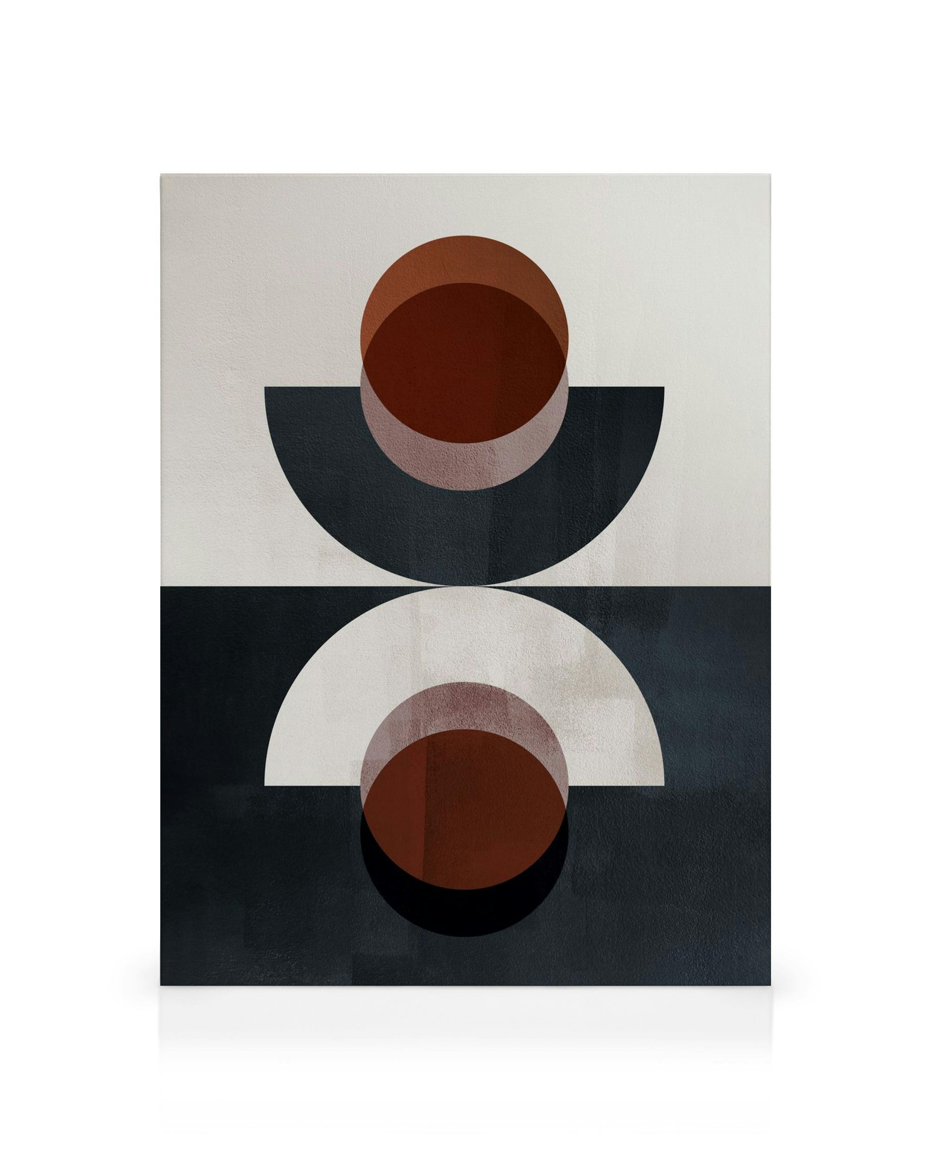 Toile abstraite géométrique avec demi-cercles et cercles en beige, gris, marron, noir et blanc, style typographie