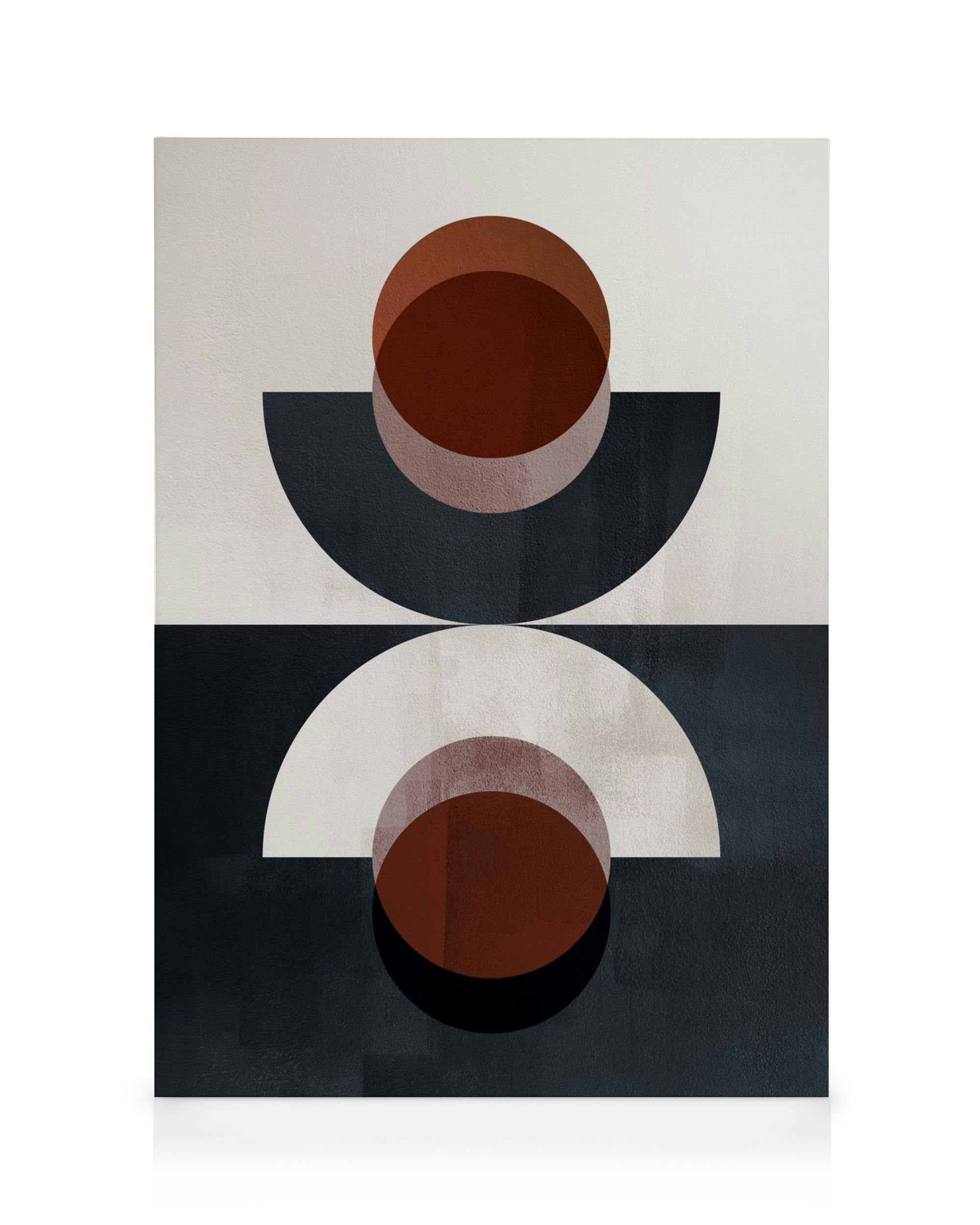 Abstract geometric canvas print with dark arches and terra cotta circles, creating a modern symmetrical design.