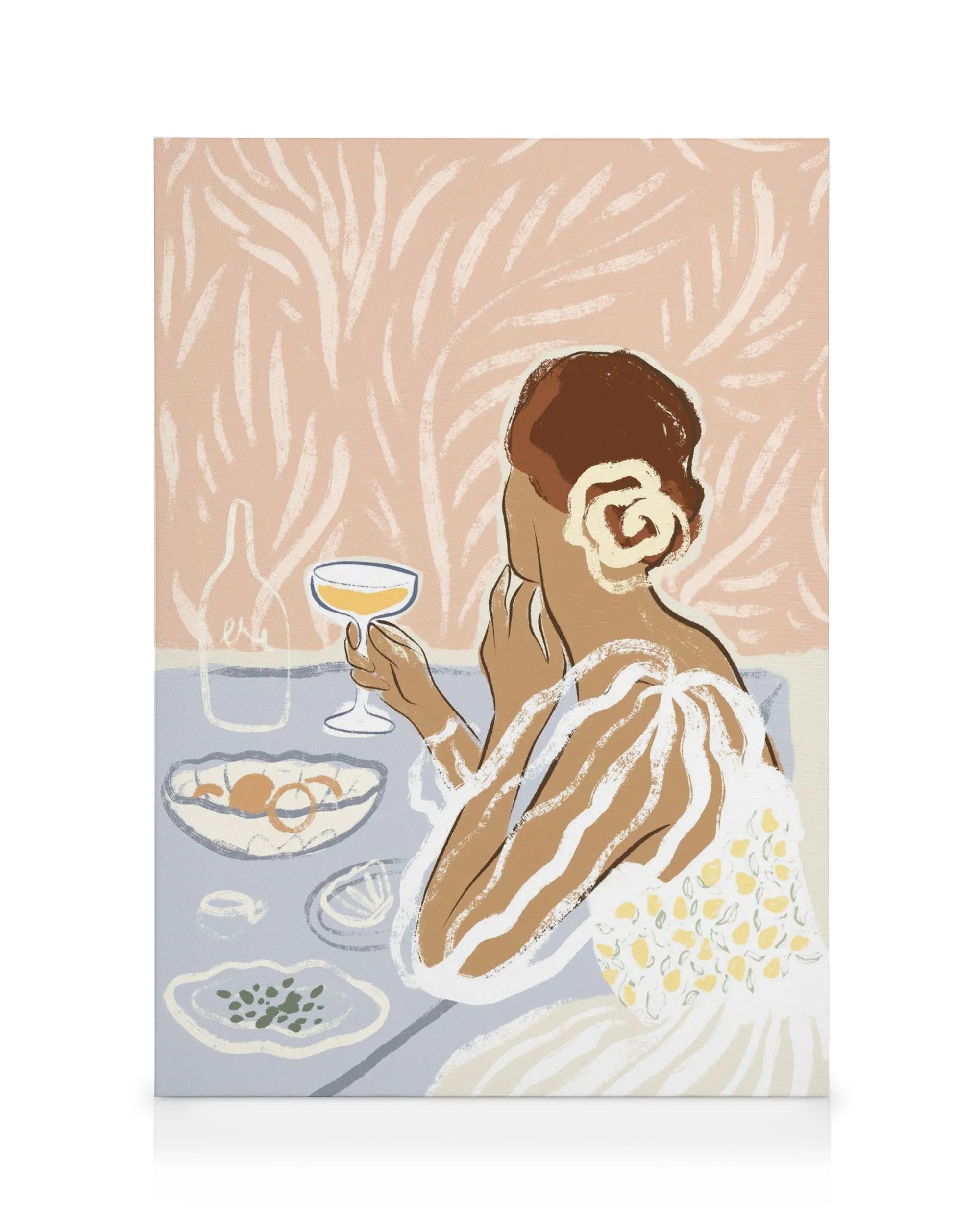Art print of a woman with brown hair holding a cocktail, sitting at a table with food, with a pink patterned background.