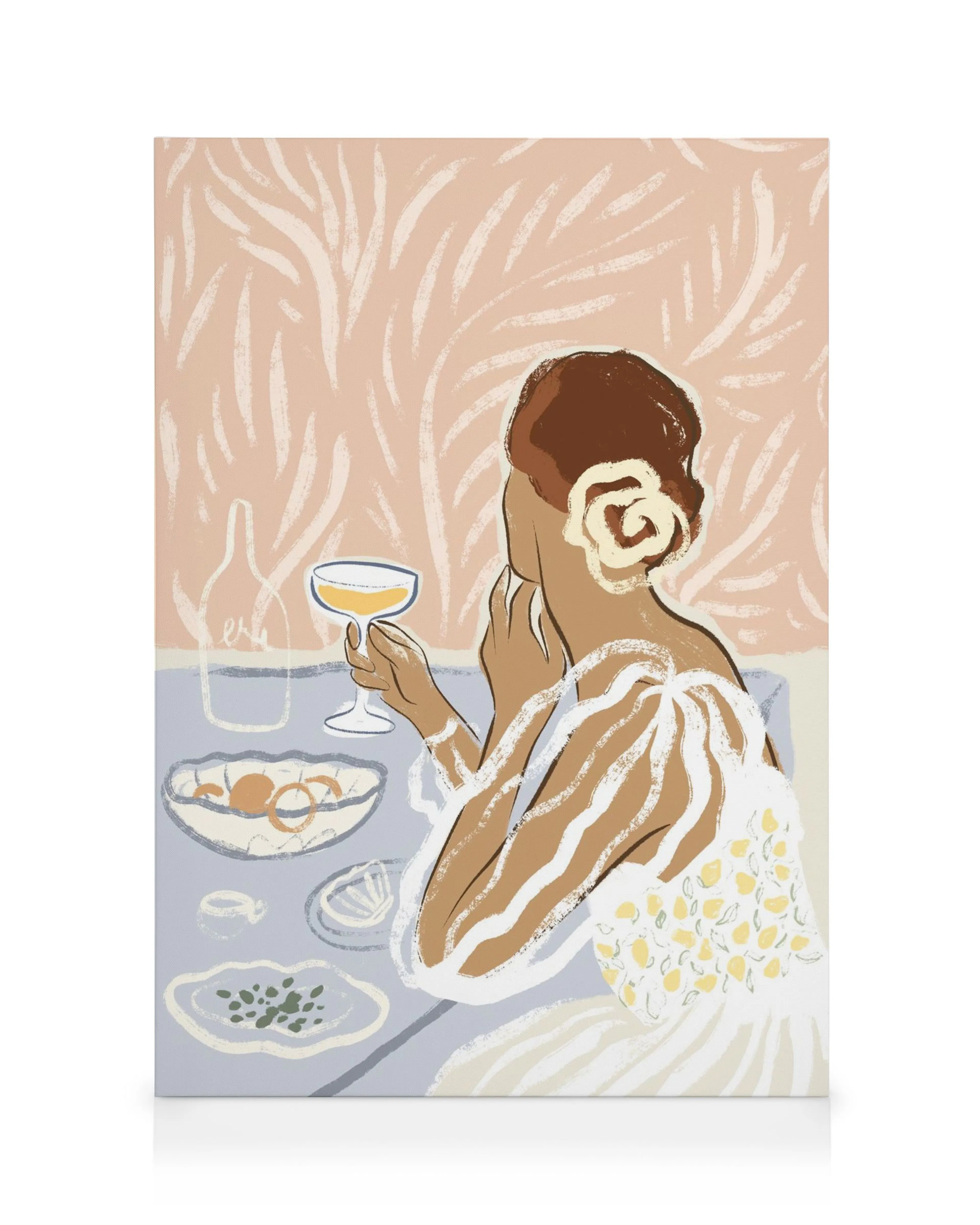 Art print of a woman with brown hair holding a cocktail, sitting at a table with food, with a pink patterned background.