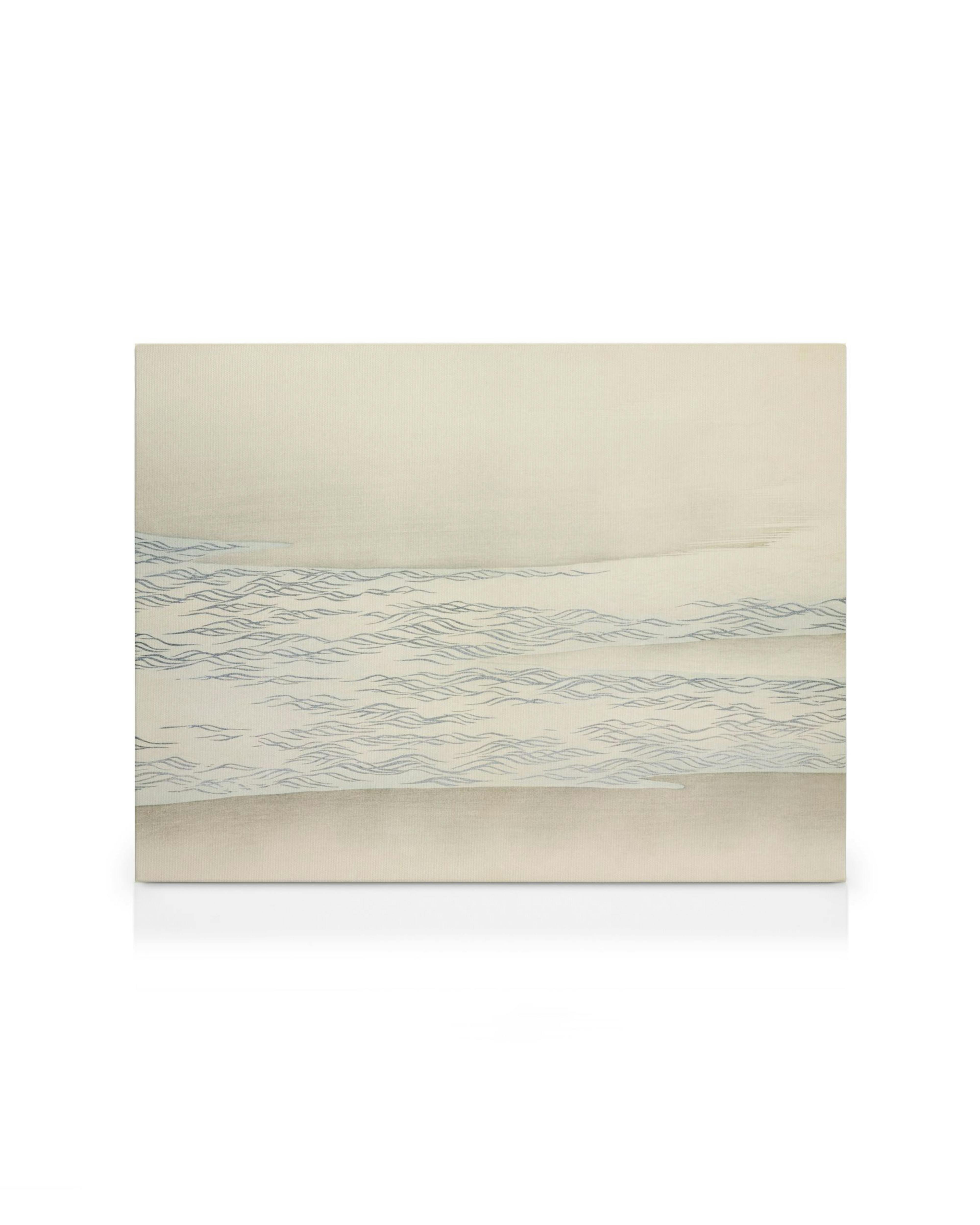 Kamisaka Sekkas abstract Japanese Ocean Waves from Momoyogusa canvas print, featuring delicate blue wavy lines on a beige backgr