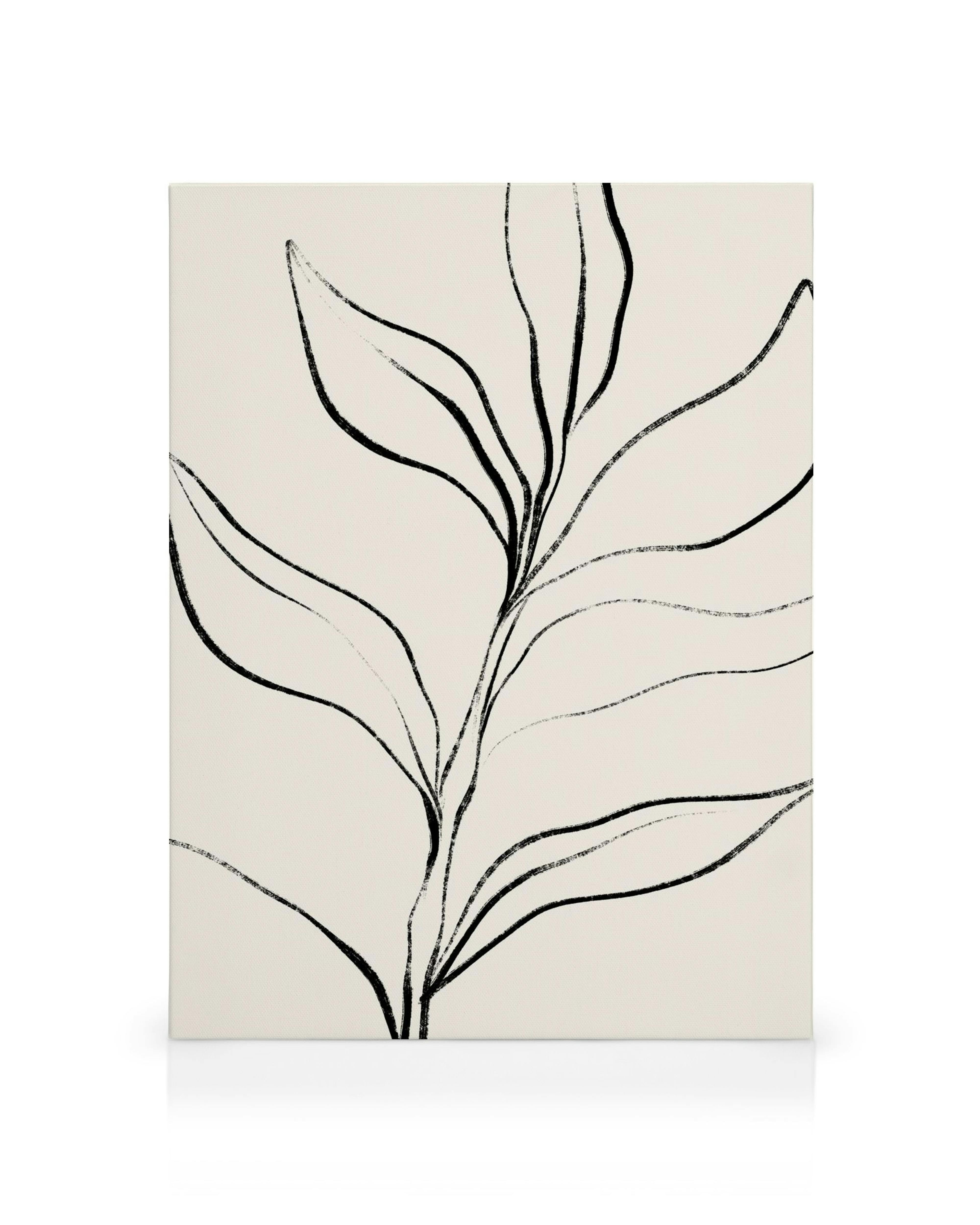 Botanisches Linien-Leinwandbild, schwarzer Pflanzenstiel mit Blättern auf hellem Hintergrund, minimalistische botanische Kunst.