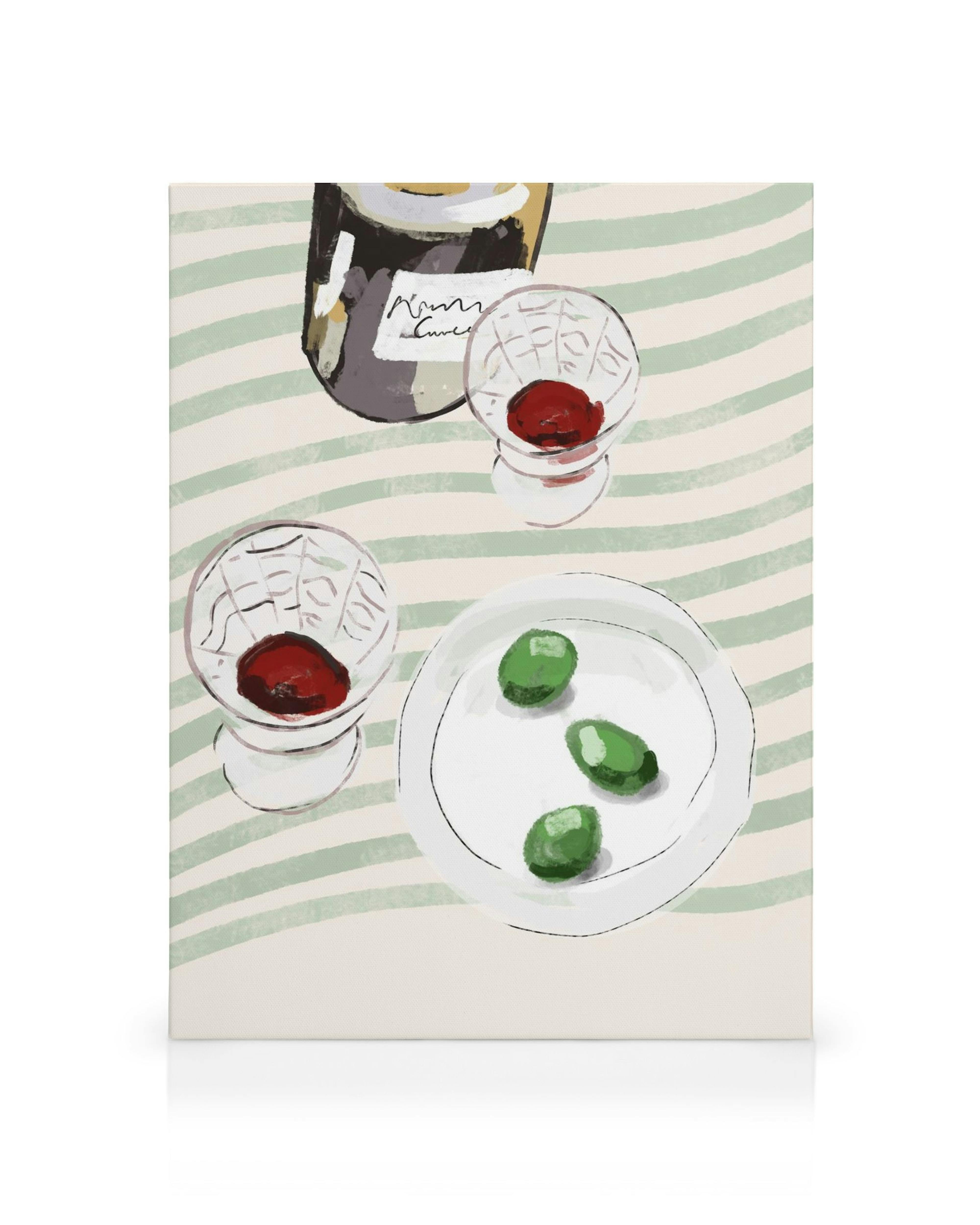 Enoteca Da Gigio kanvaasi. Pöytä sommitelma, jossa viinipullo, kaksi lasia viiniä ja lautanen oliiveja. Viherraidallinen tausta.