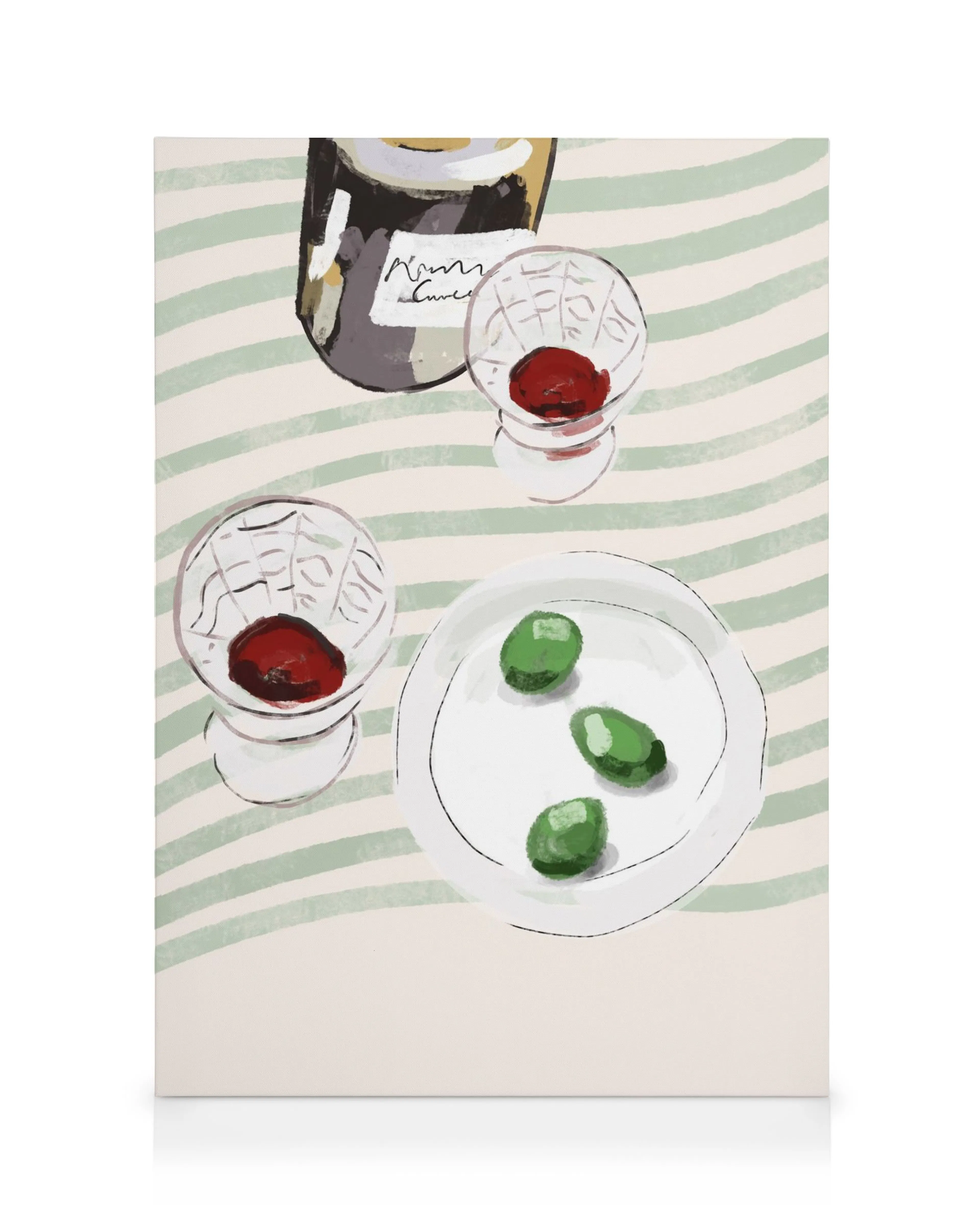 Toile artistique avec une bouteille de vin, deux verres et trois olives vertes sur une assiette sur fond rayé. Style esquissé.