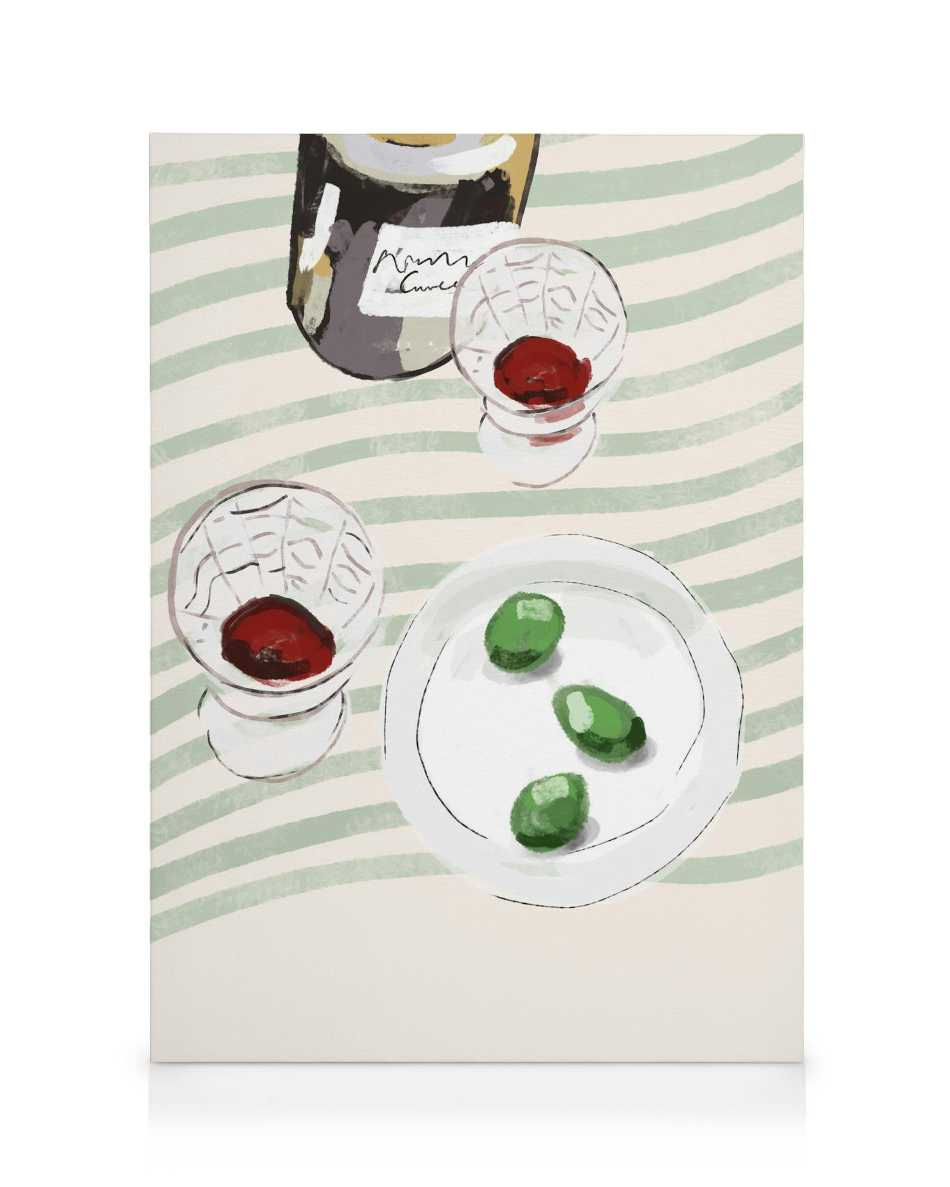 Canvas print met artistieke weergave van een fles wijn, twee wijnglazen en een bord met olijven op een gestreepte achtergrond.