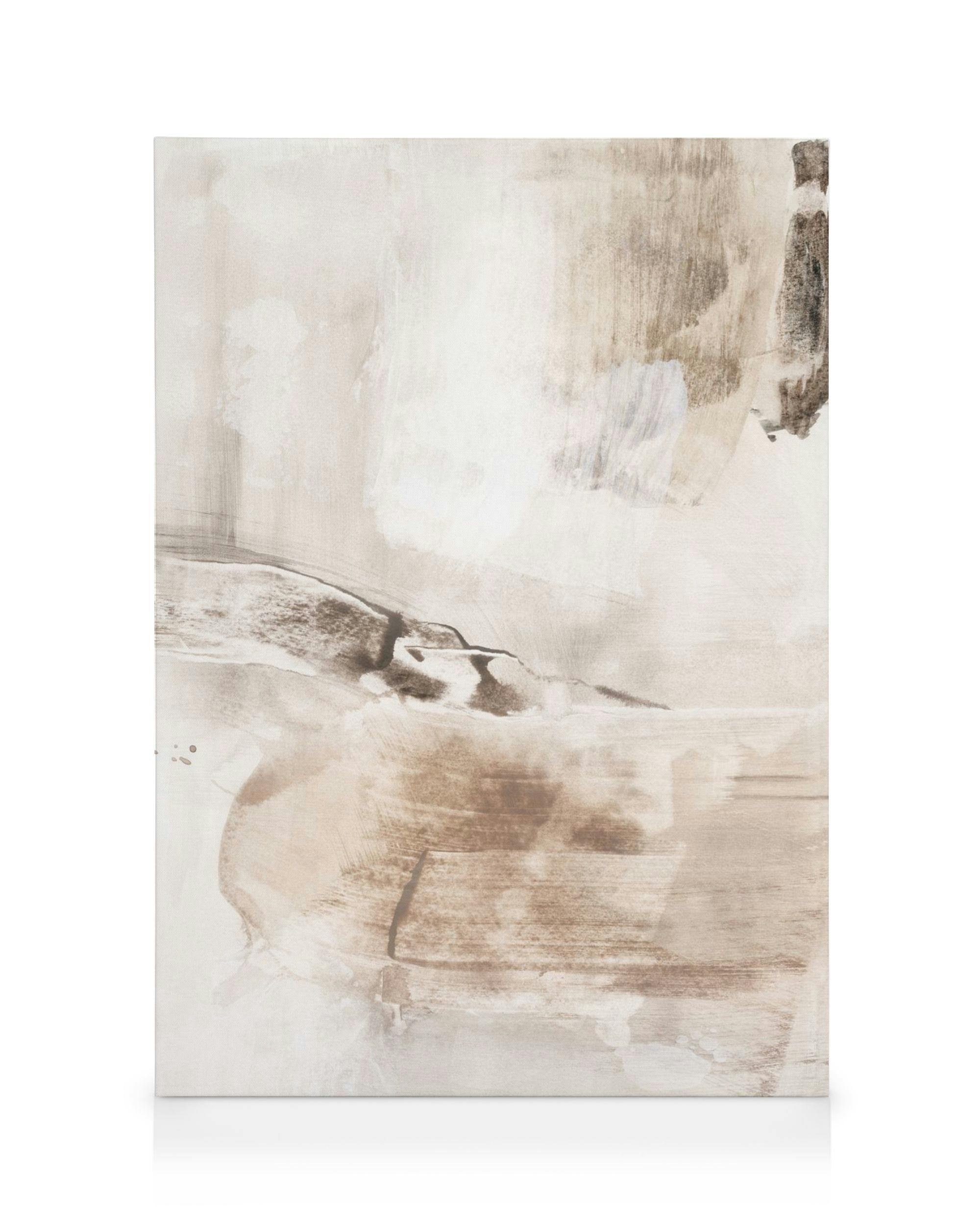 Pystysuuntainen pehmeä beige maalaus, jossa on abstrakti tunnelma. Vaaleat ja tummat beigen, ruskean ja valkoisen sävyt luovat r