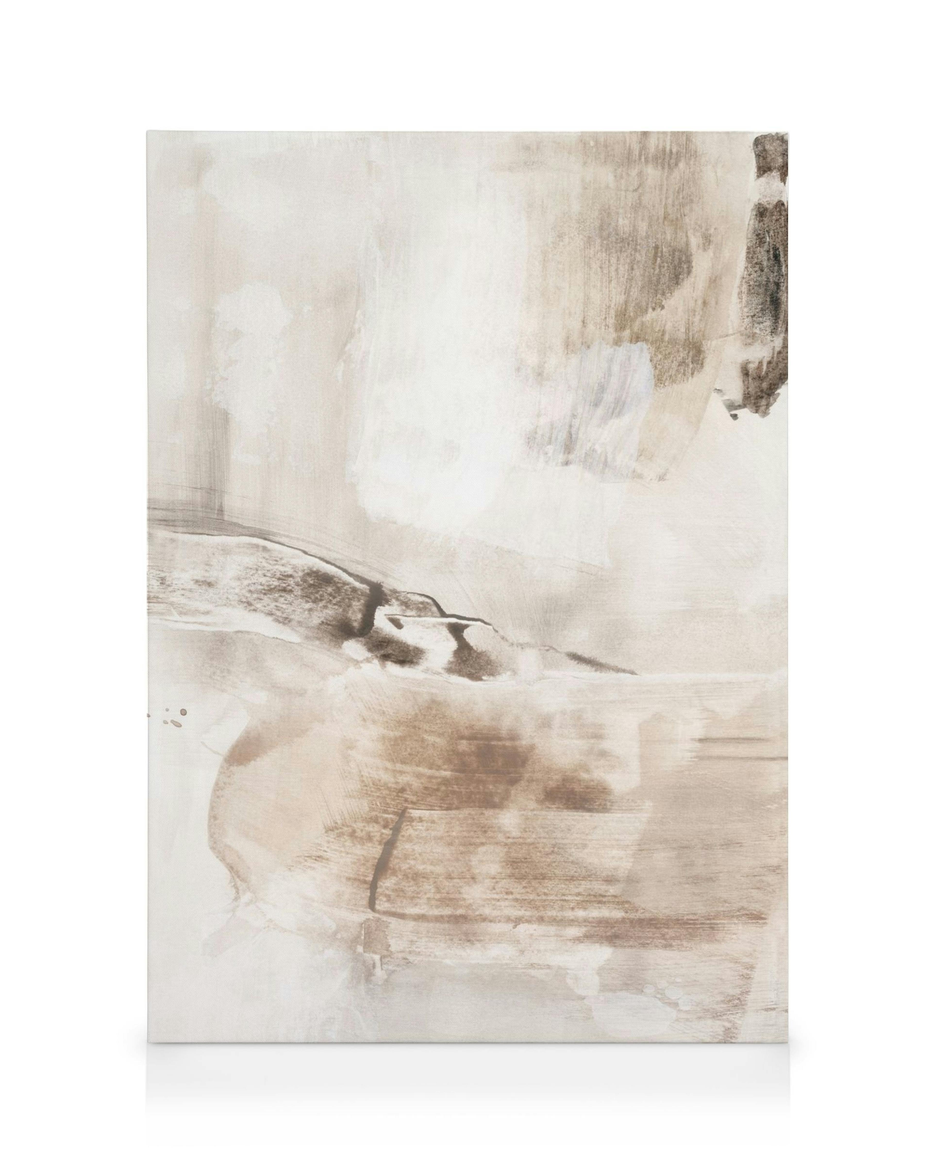 Pystysuuntainen pehmeä beige maalaus, jossa on abstrakti tunnelma. Vaaleat ja tummat beigen, ruskean ja valkoisen sävyt luovat r