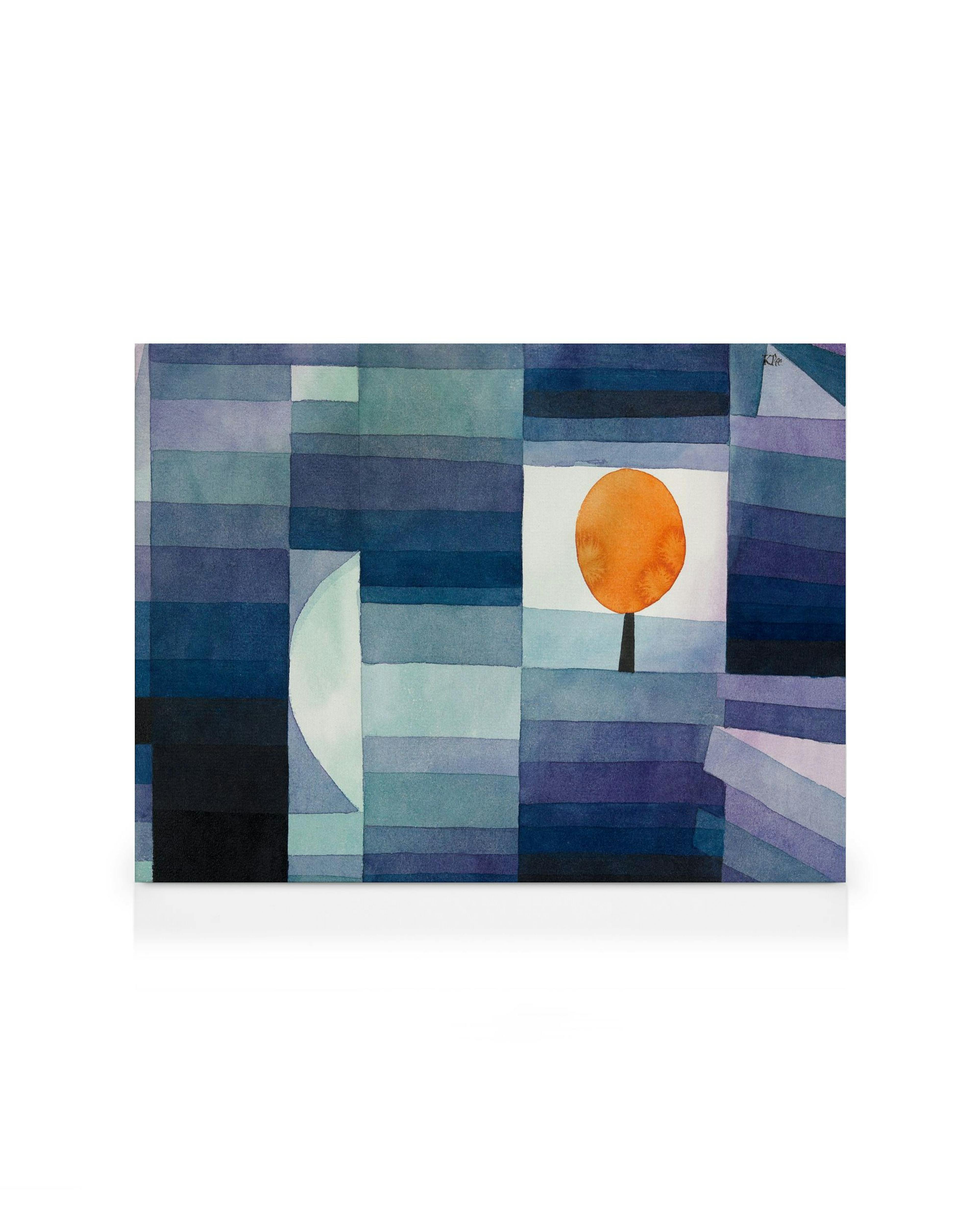 Paul Klee Syksyn sanansaattaja kanvaasi, abstrakti maisema sinisen ja violetin sävyillä, oranssi aurinko/puu.