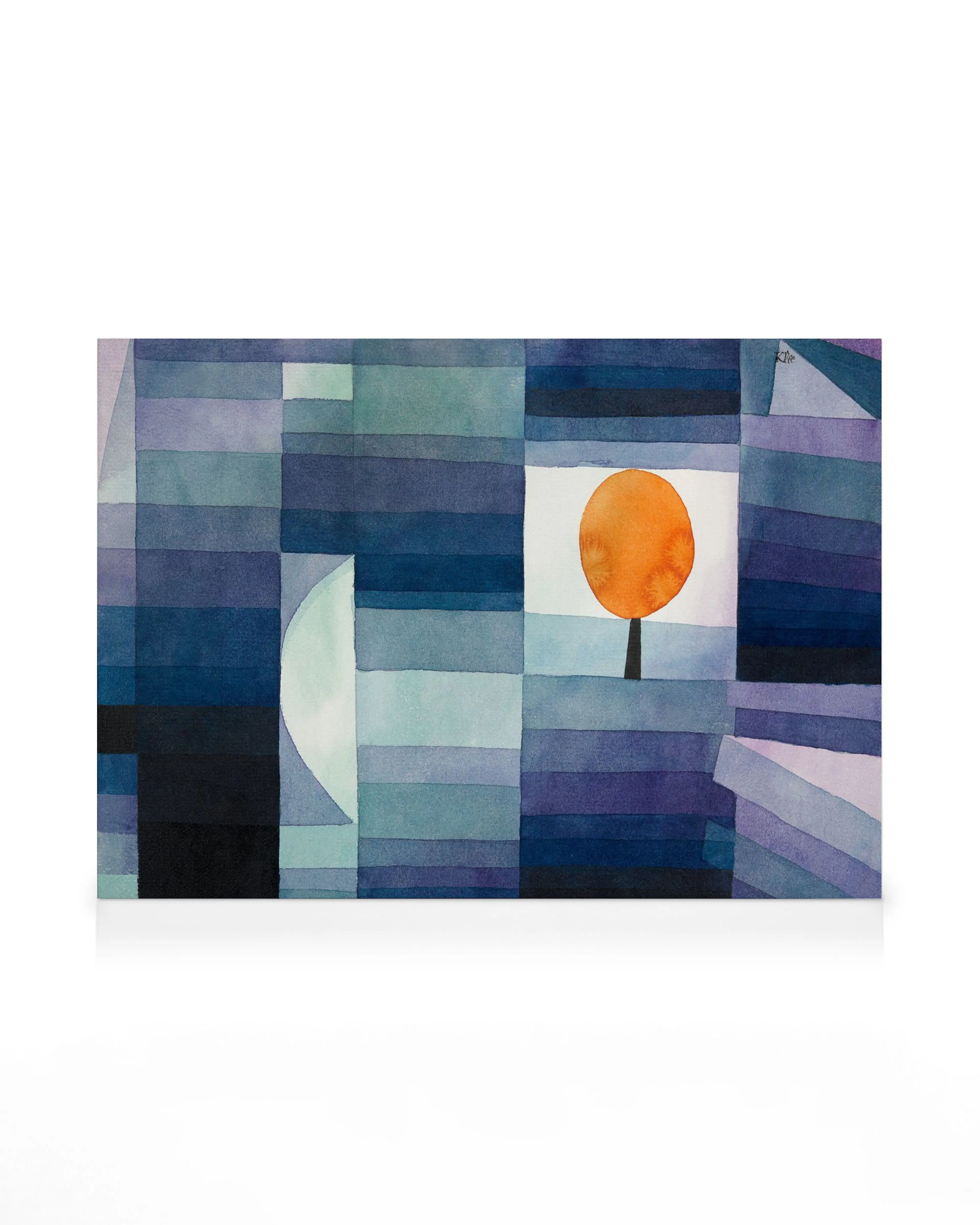 Obraz Paul Klee, Predzvesť jesene. Abstraktné dielo s geometrickými tvarmi a oranžovým stromom, modré a fialové odtiene.