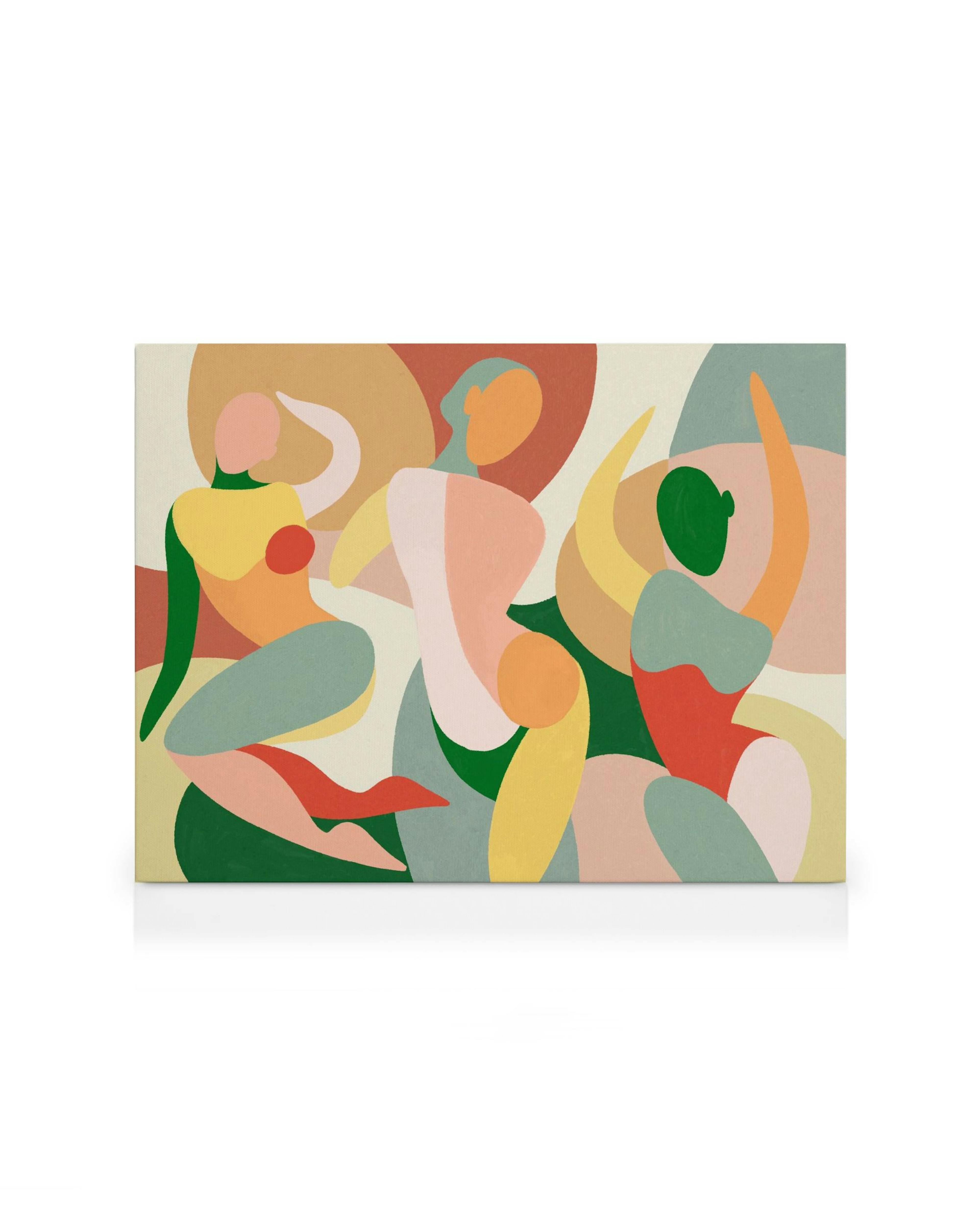 Leinwandbild mit drei abstrakten Frauenfiguren in Pastellfarben und Grüntönen, umgeben von organischen Formen.