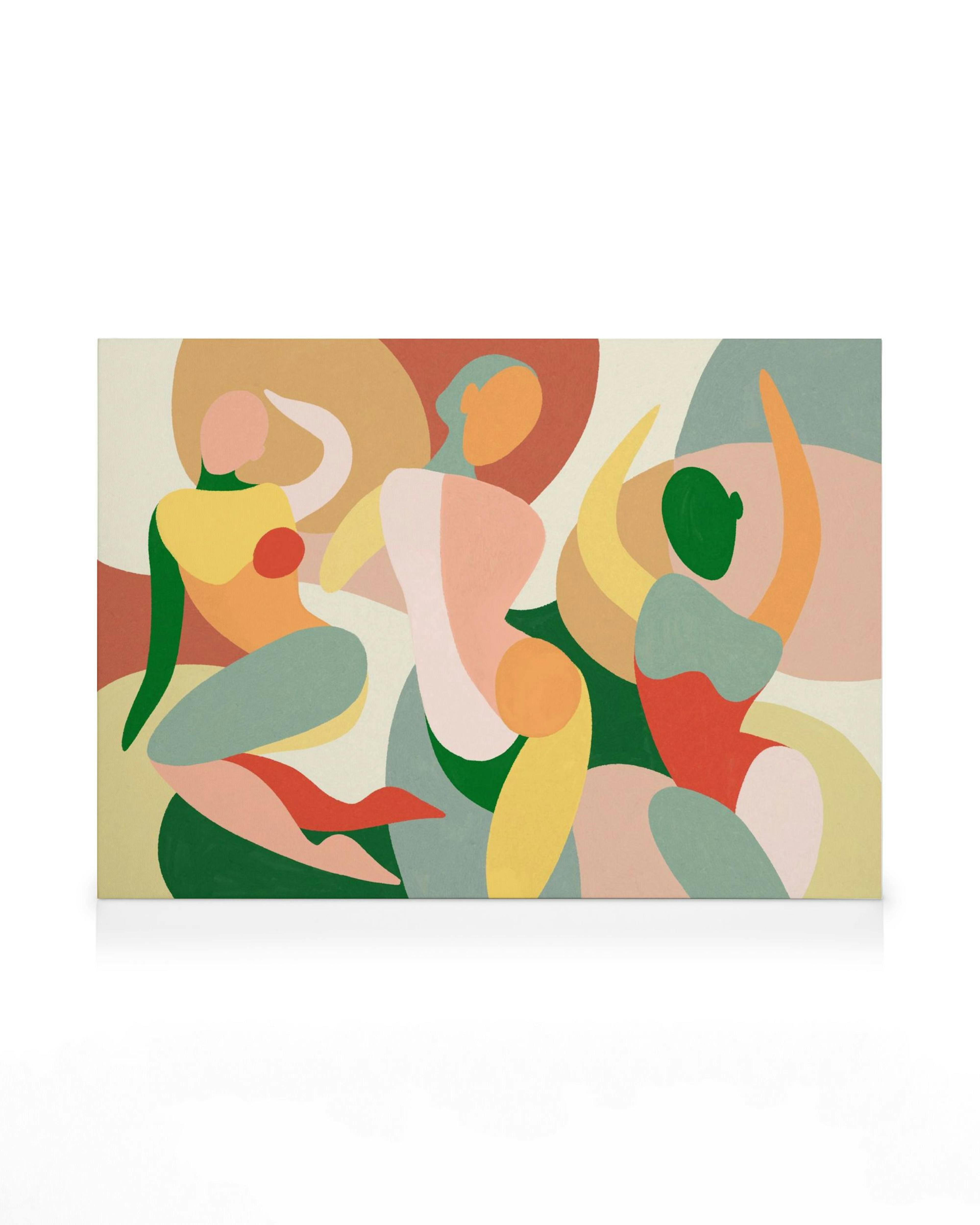 Toile abstraite de trois figures féminines en rouge, jaune, vert et pêche sur fond beige. Œuvre dart contemporaine pour votre dé