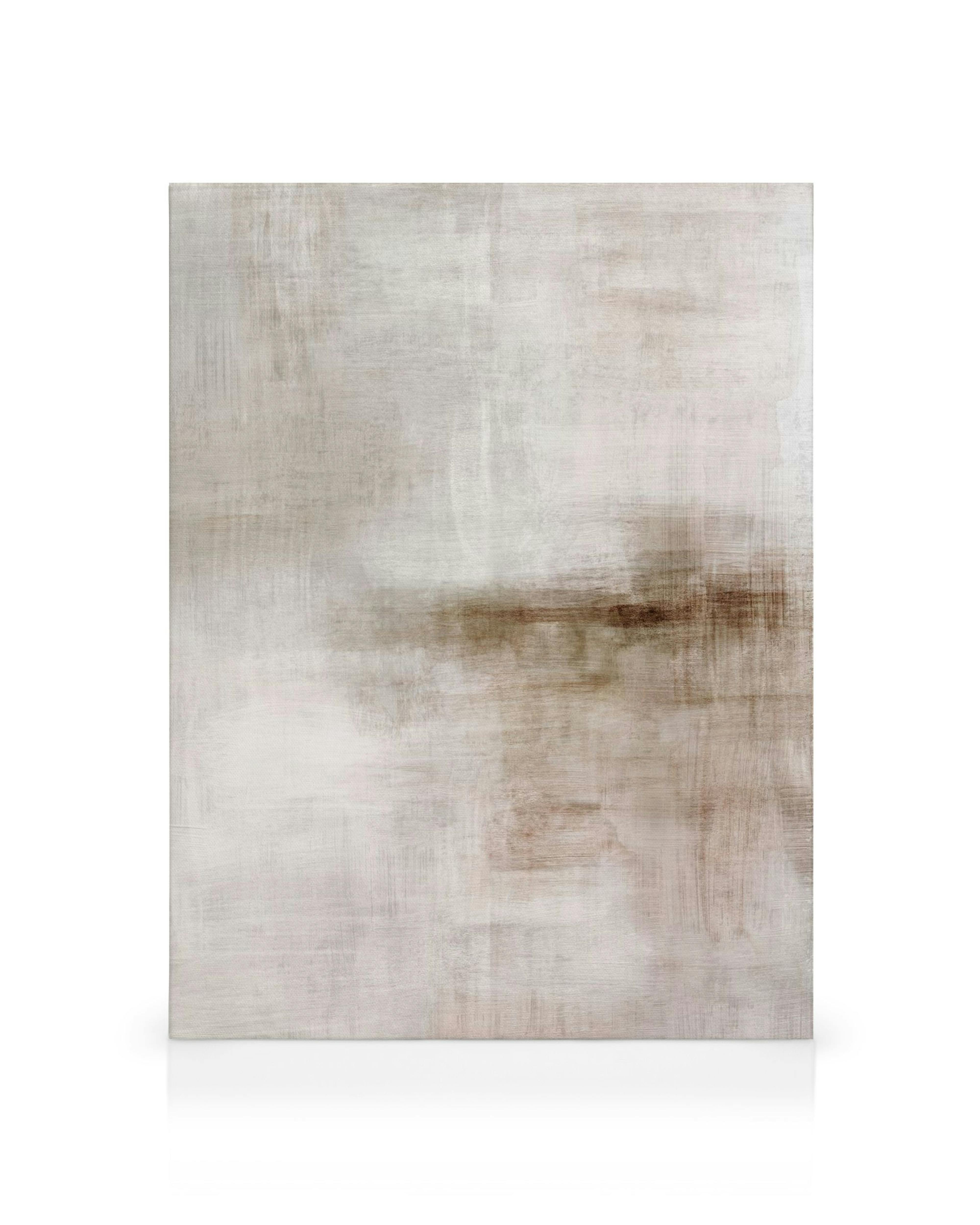 Beige abstract canvas print with broad brushstrokes in white, beige, and brown, creating a soft, textural design.