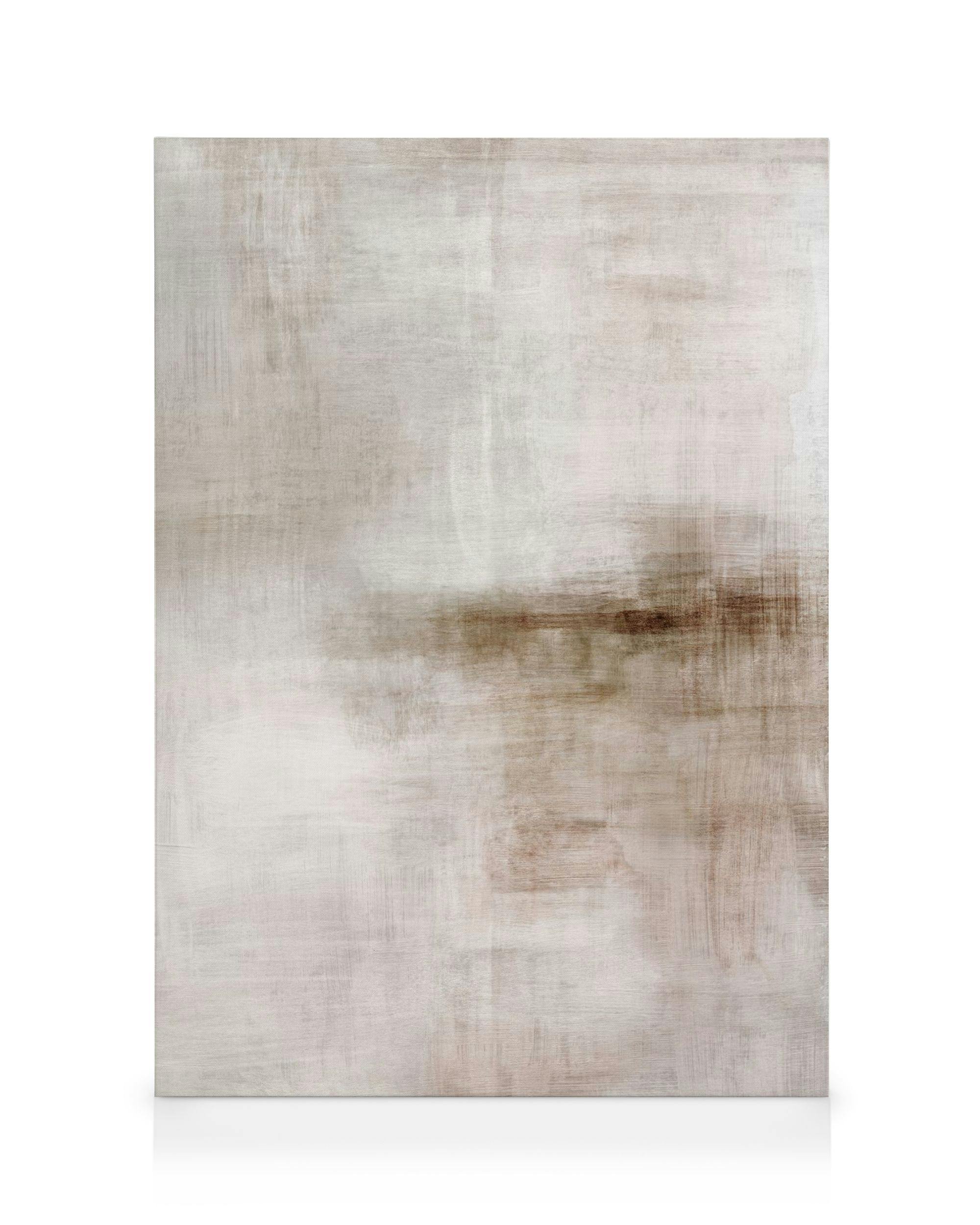 Béžový abstraktný obraz na plátne s textúrou, svetlé a tmavé hnedé ťahy štetcom.