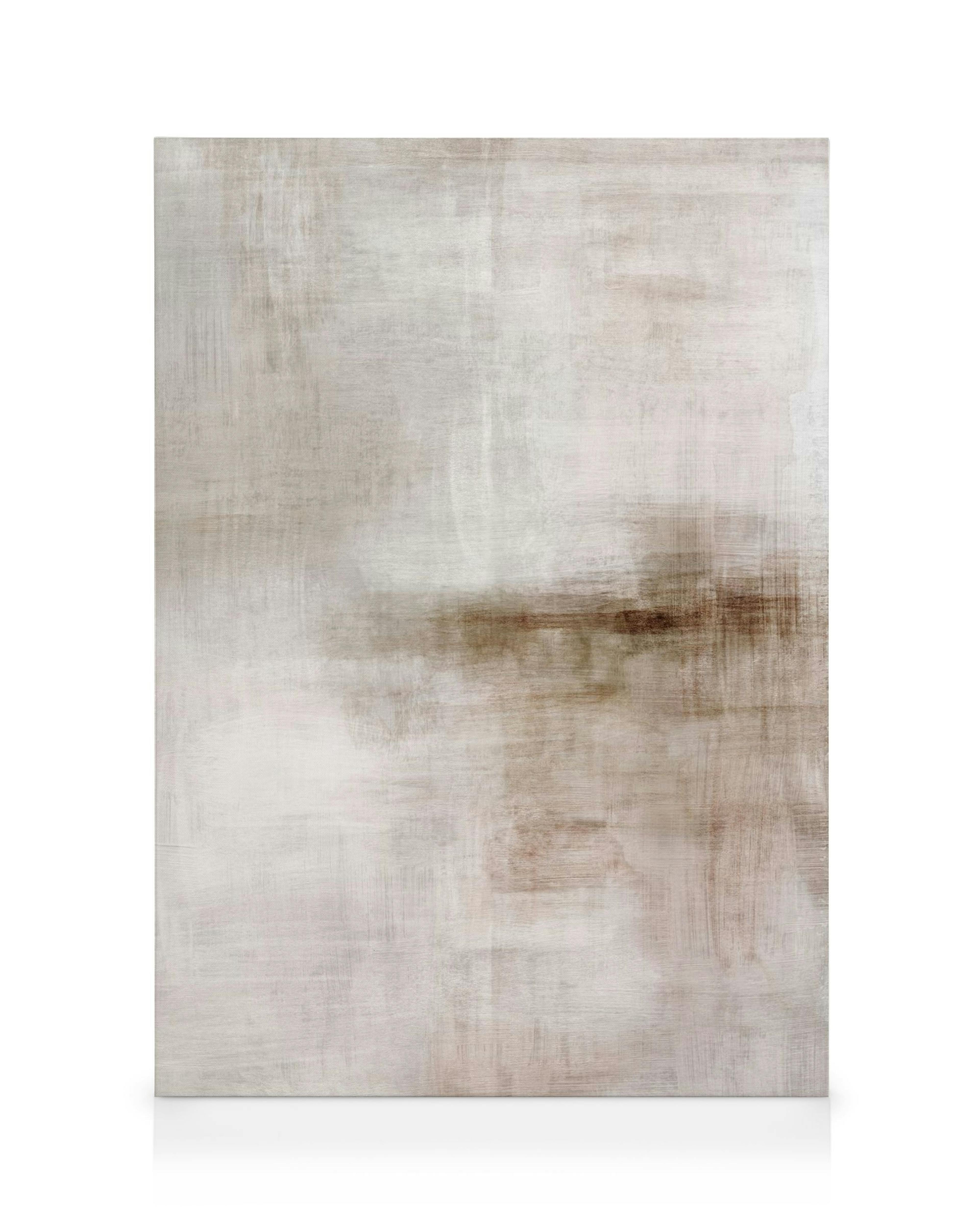 Béžový abstraktný obraz na plátne s textúrou, svetlé a tmavé hnedé ťahy štetcom.