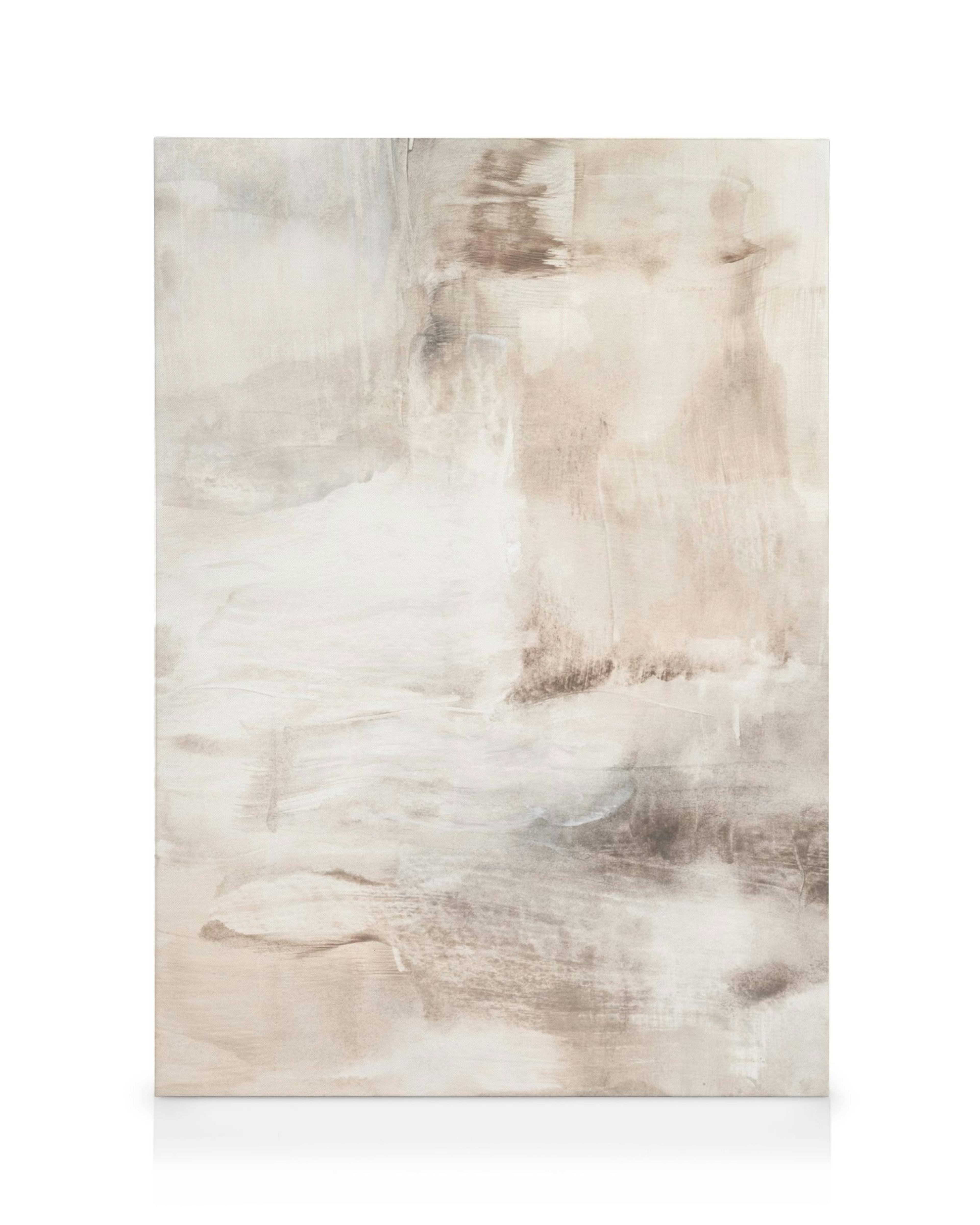 Lærred med blødt beige, hvidt og brunt abstrakt maleri, der skaber et roligt, neutralt udseende.