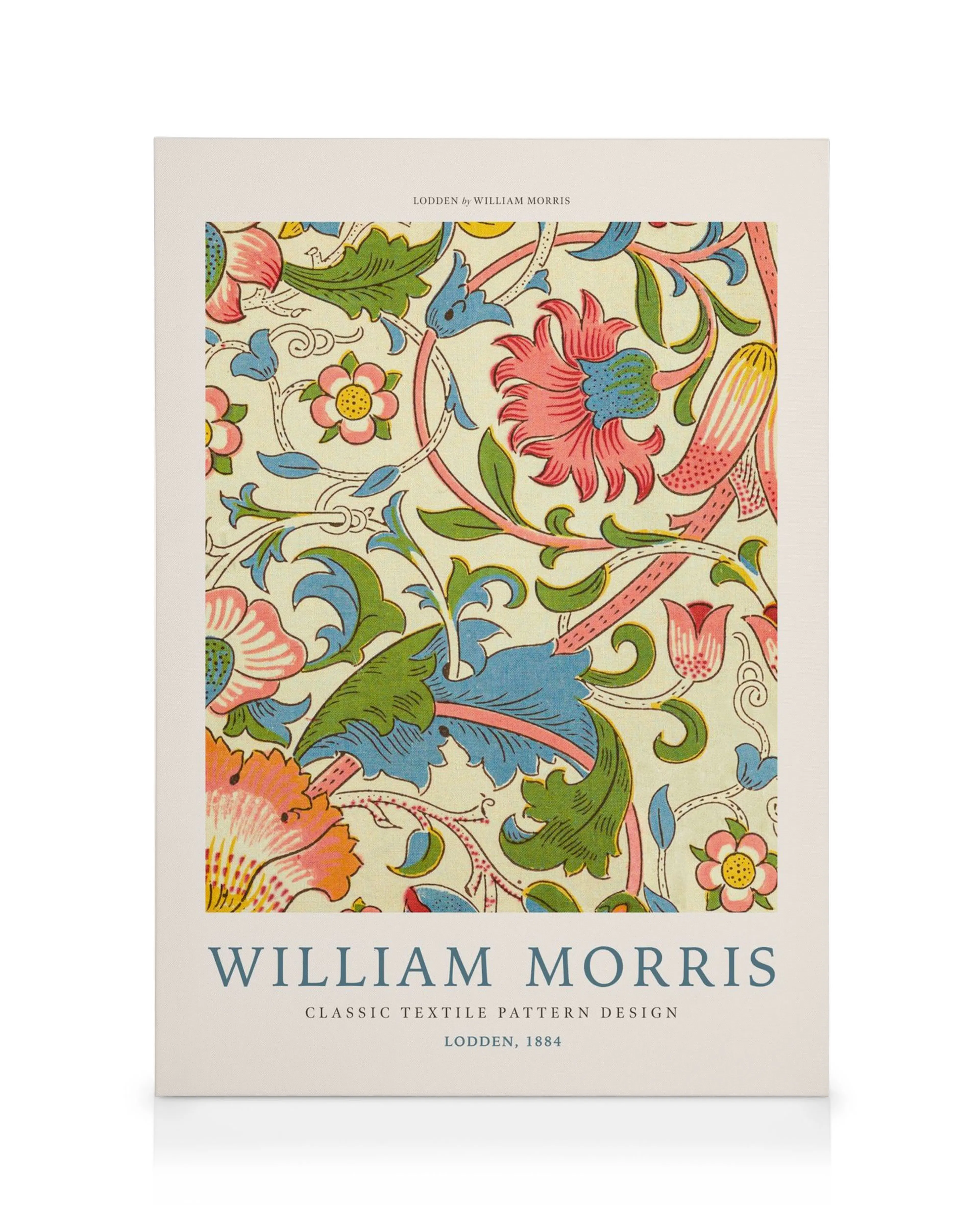 Canvas met William Morris Lodden-patroon: rode, blauwe, groene, gele bloemen, bladeren, stelen op off-white achtergrond.