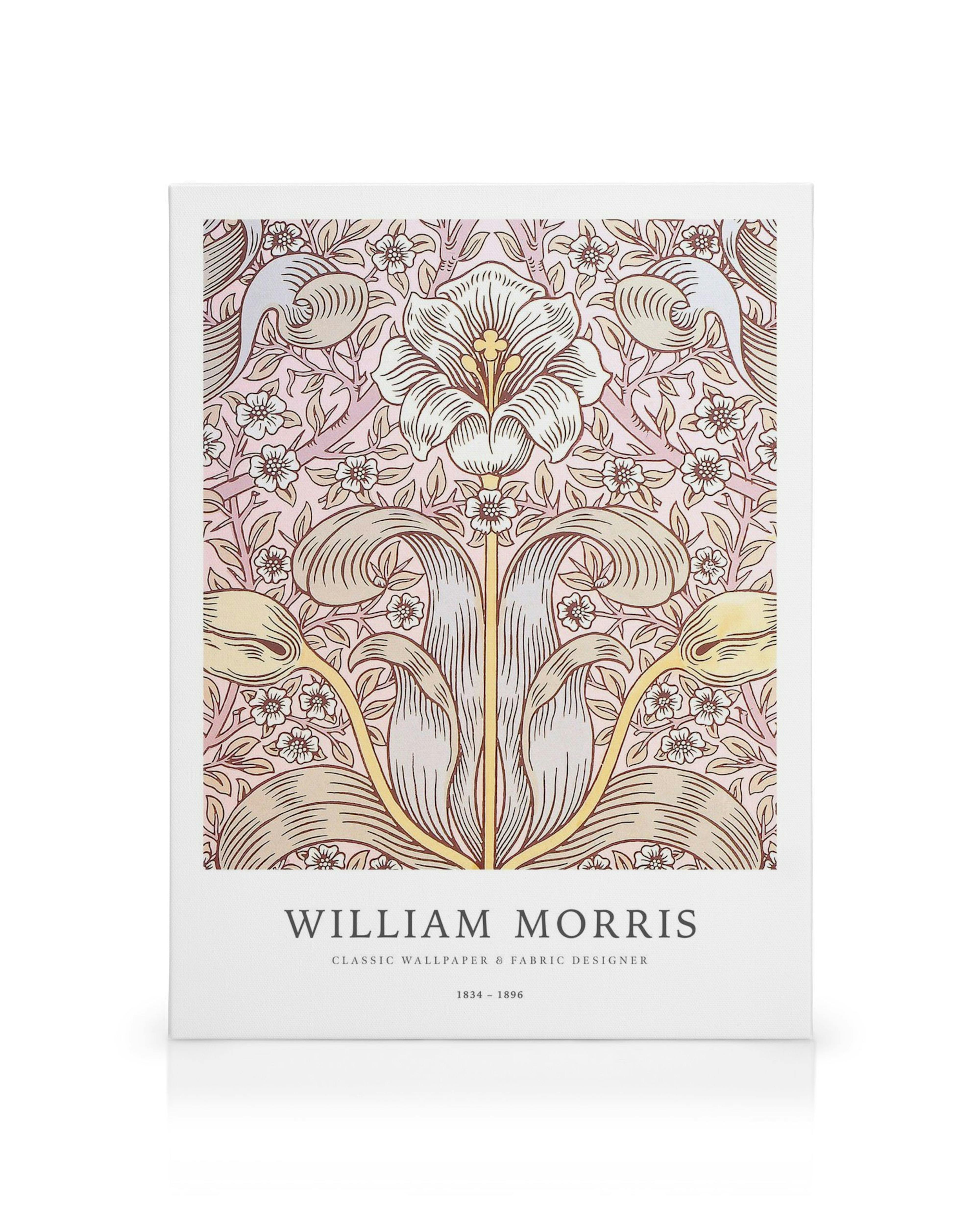 William Morris floral pattern canvas print with central white flower, yellow details, and small flowers on pink.
