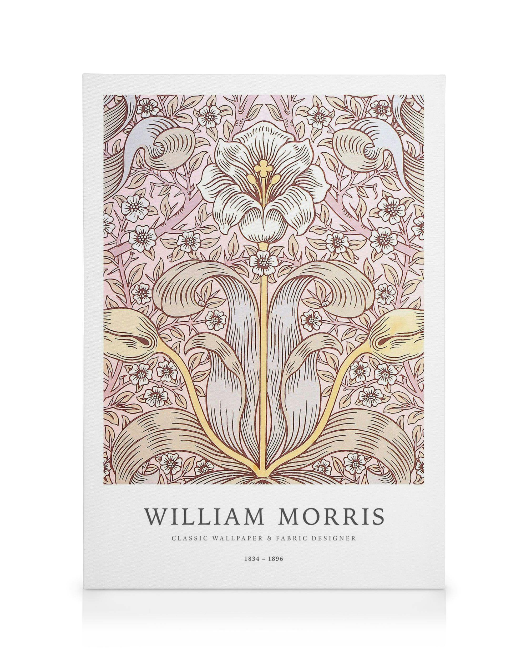 William Morris floral pattern canvas print with central white flower, yellow details, and small flowers on pink.