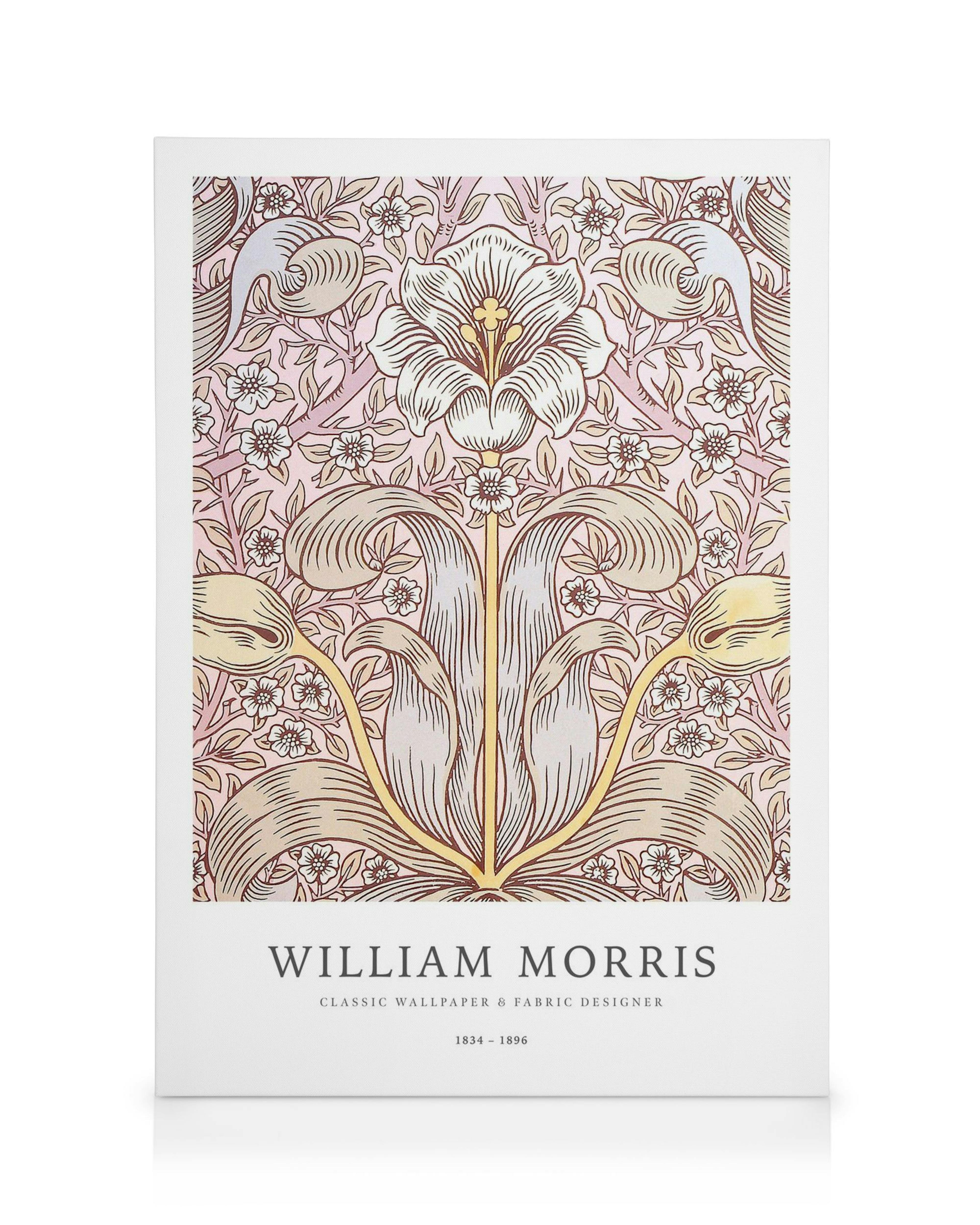 William Morris floral pattern canvas print with central white flower, yellow details, and small flowers on pink.
