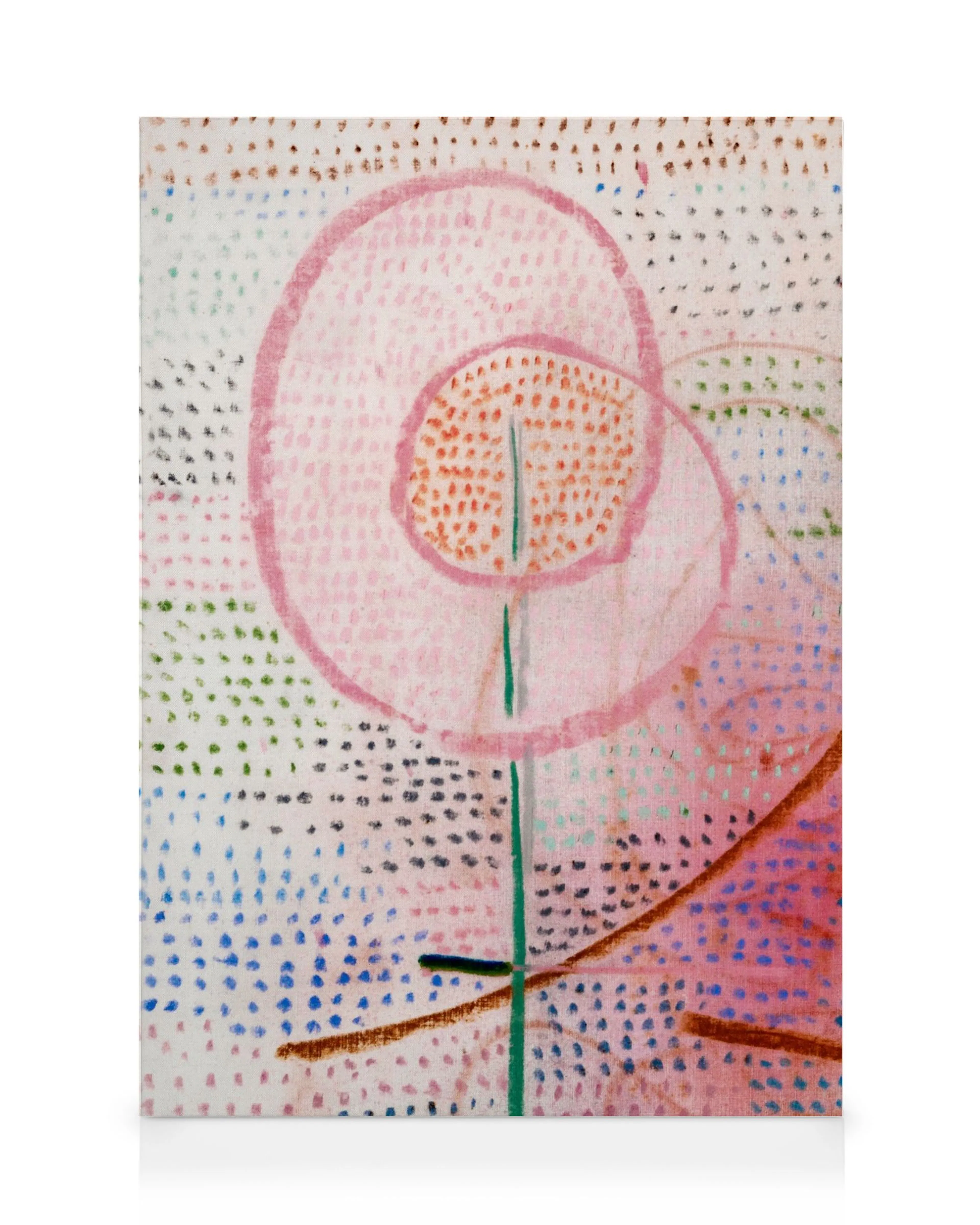 Abstraktes Wandbild mit rosa Blüten, orangefarbenem Zentrum und Strichfigur auf bunten Punkten