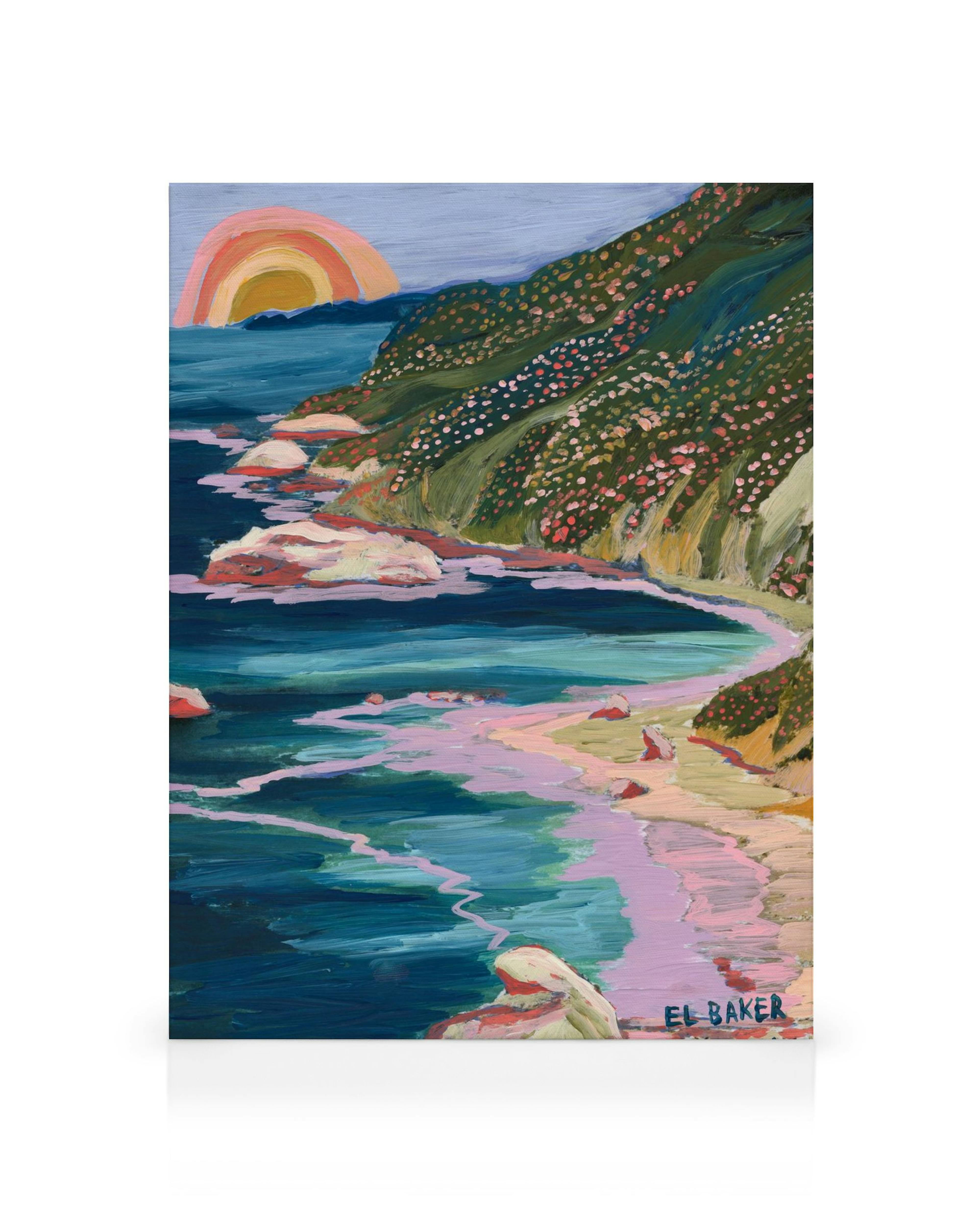 Pintura de Eleanor Baker de paisaje costero Big Sur con arco iris, mar azul, arena y vegetación.