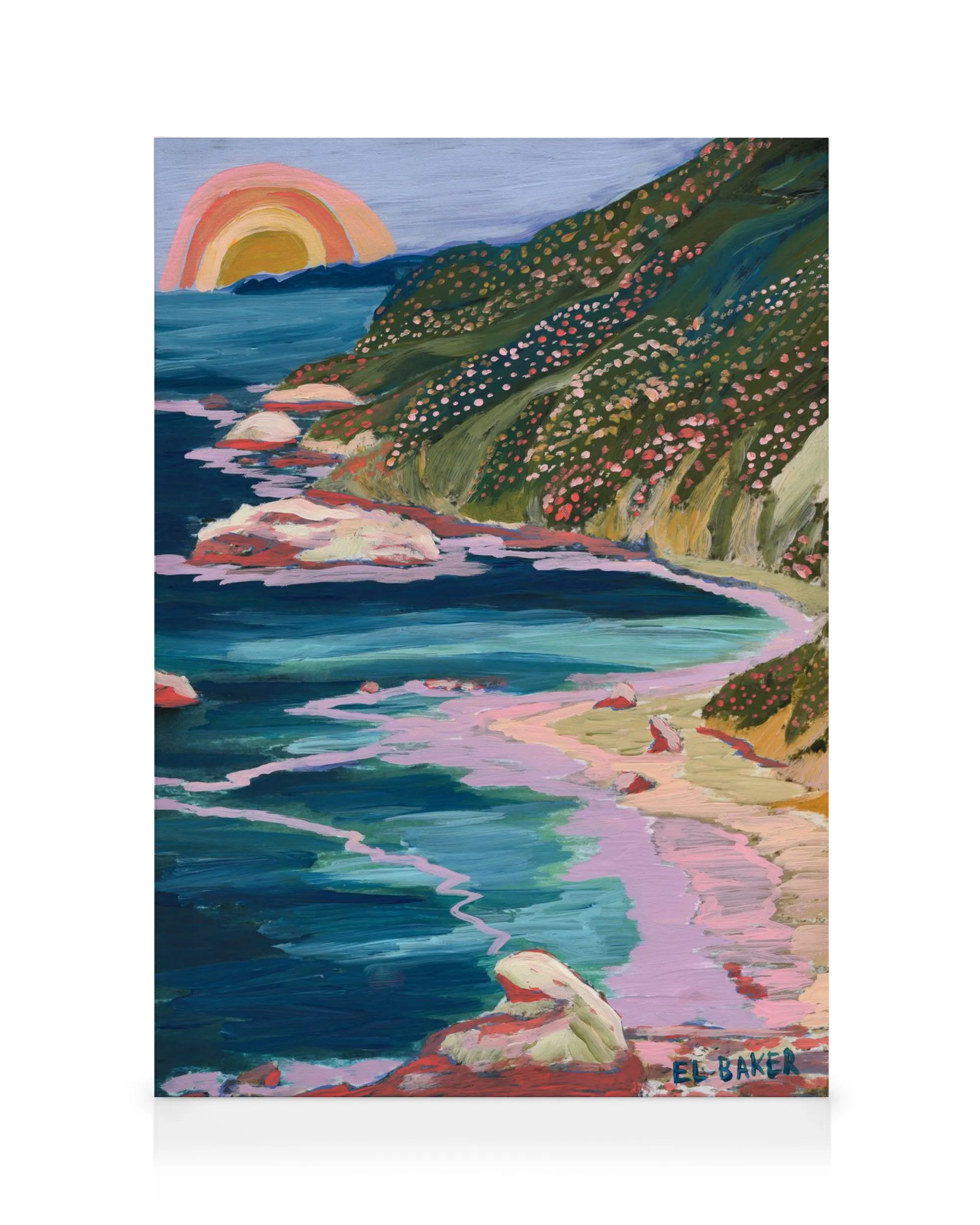 Eleanor Bakers Big Sur postcard canvas print depicts a coastal landscape with green hills, a sandy beach, and turquoise water un