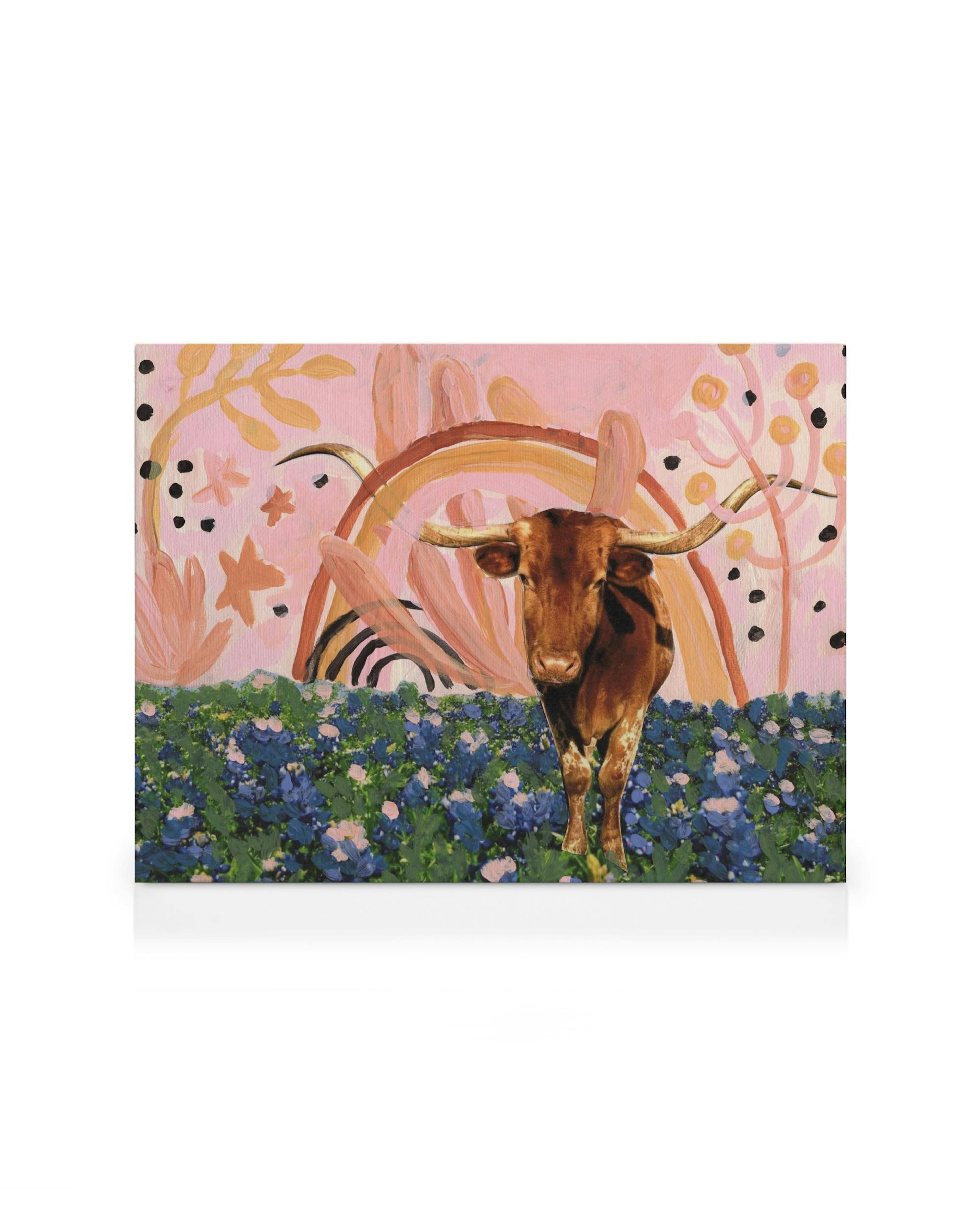 Brown longhorn cow in a field of blue flowers with a pink floral background, canvas print.
