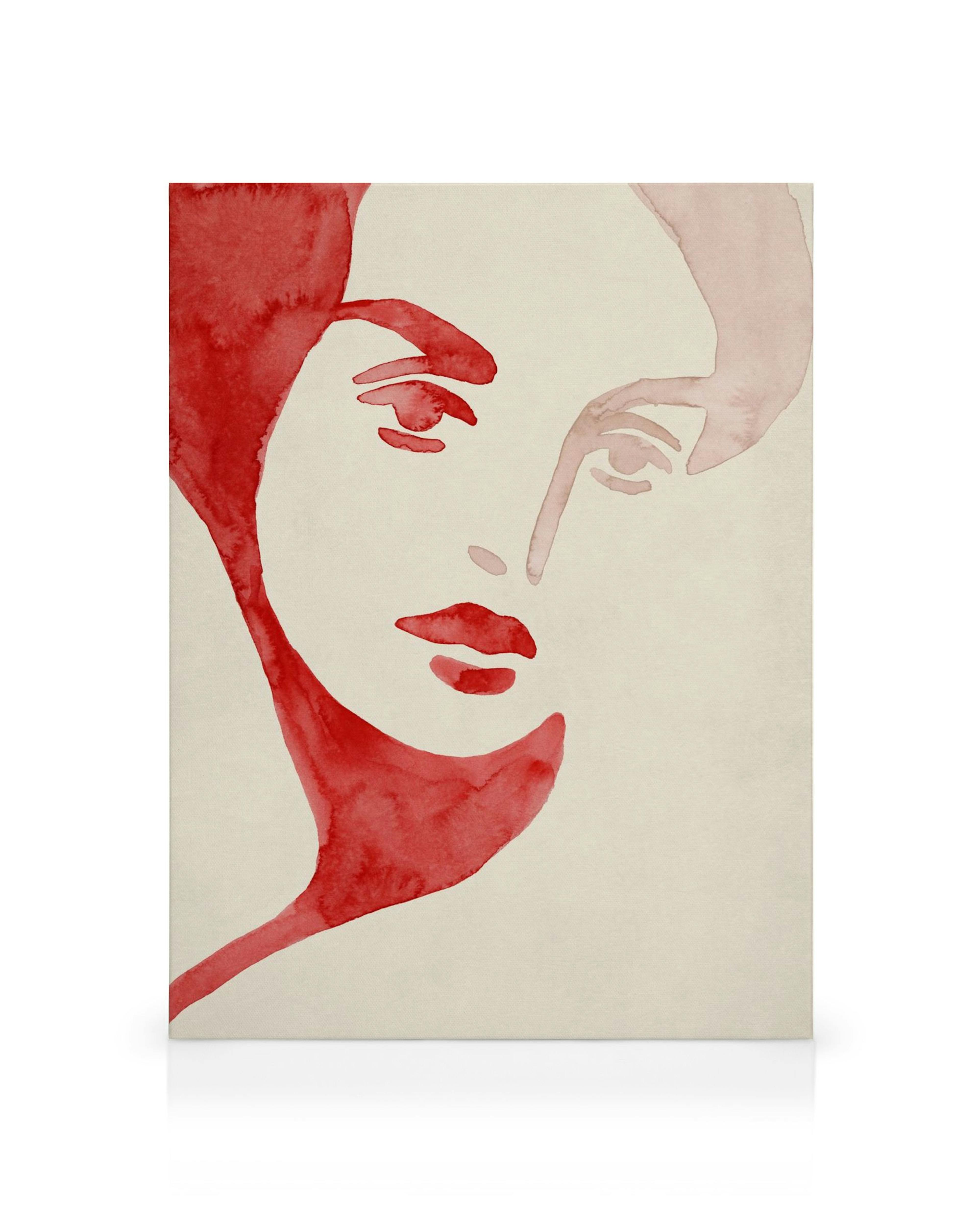 Punainen akvarellimaalaus naisen kasvoista, minimalistinen muotokuva, taide kanvaasitaulu
