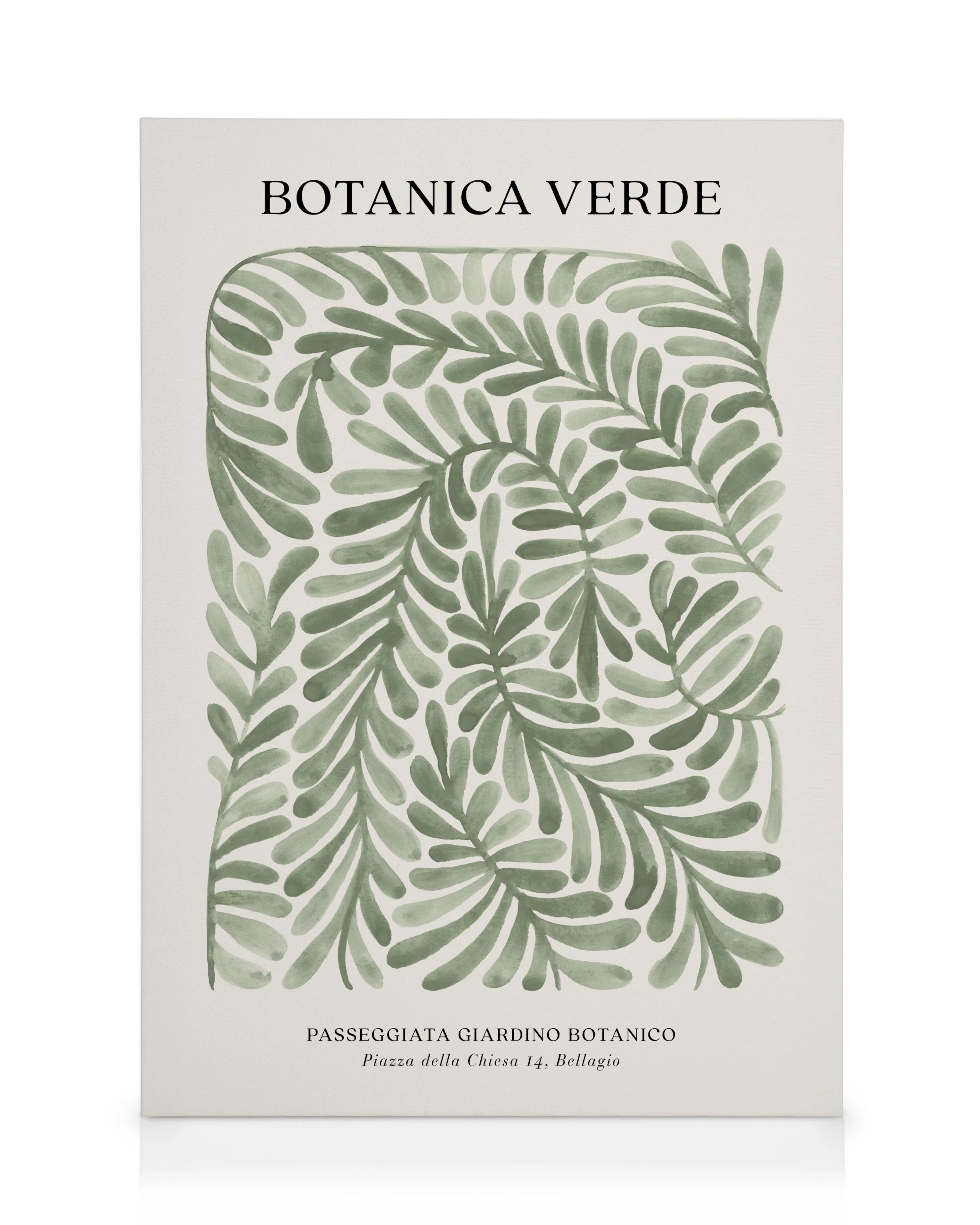 Canvas met botanische groene bladeren en overlappende, gebogen patronen op een beige achtergrond.