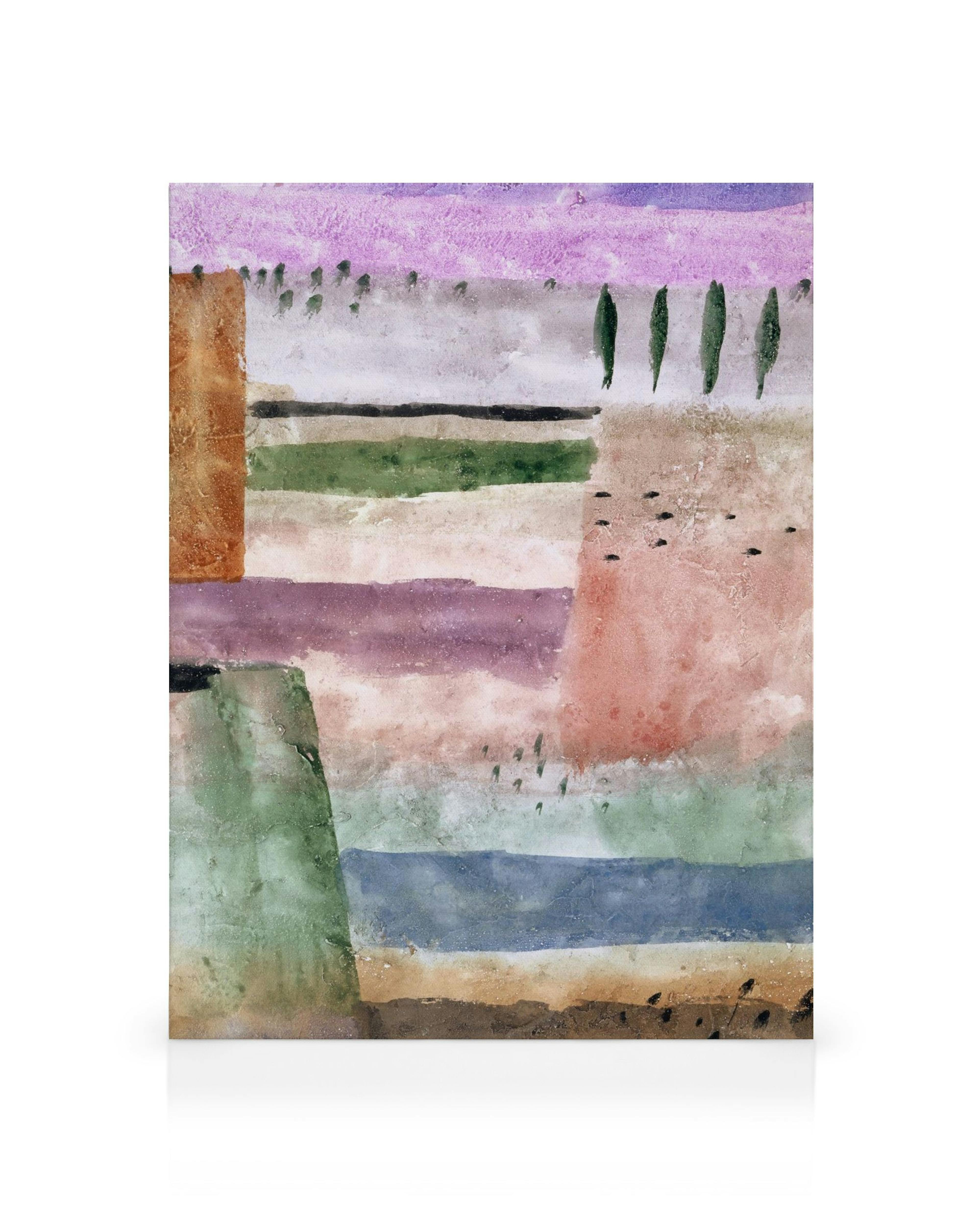 Paul Klee Landscape with Poplars canvas print, abstract landscape in calming watercolors, blended hues of green, blue, purple, b
