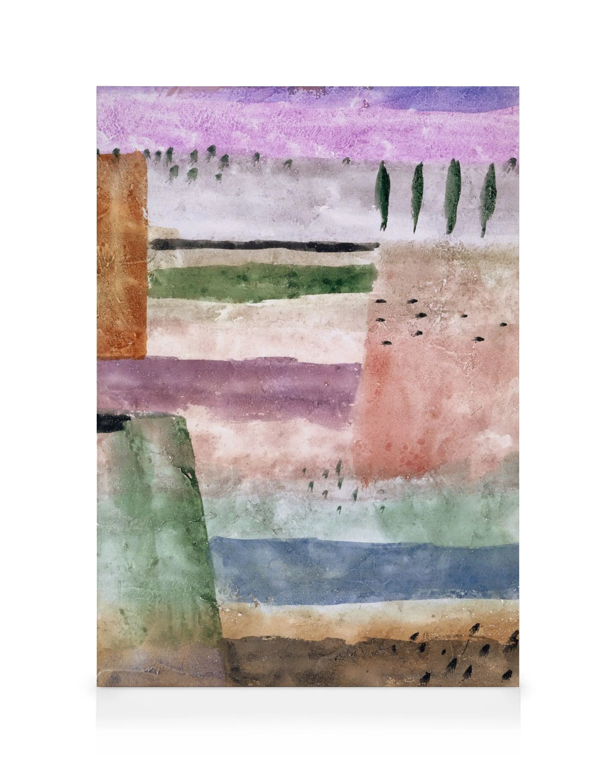 Stampa su tela Paul Klee, paesaggio astratto con pioppi e forme acquerellate in viola, verde, blu e marrone.