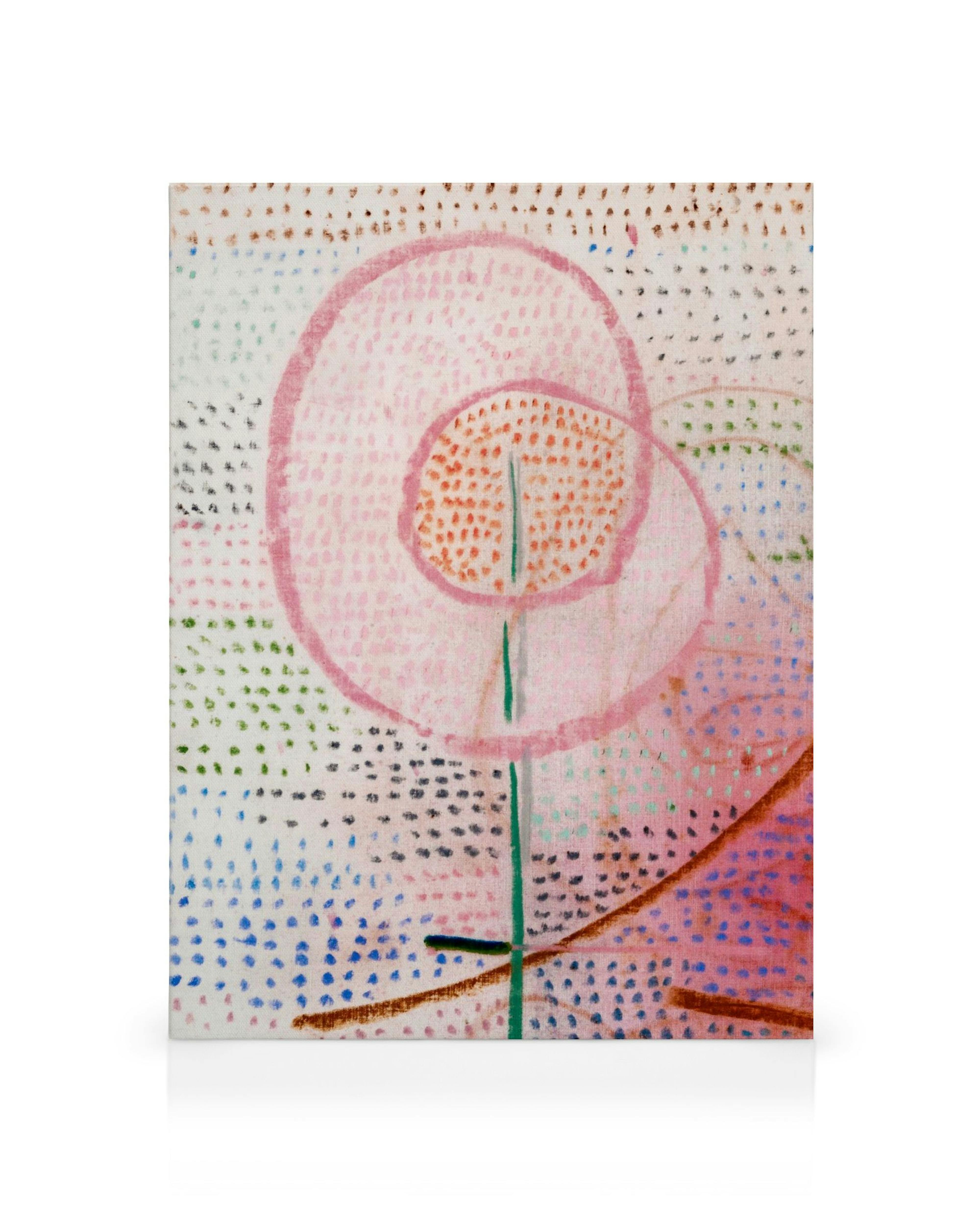 Paul Klee Leinwandbild Blossoming mit abstraktem, gepunktetem Blumenmotiv in Rosa, Orange, Grün und Blau.