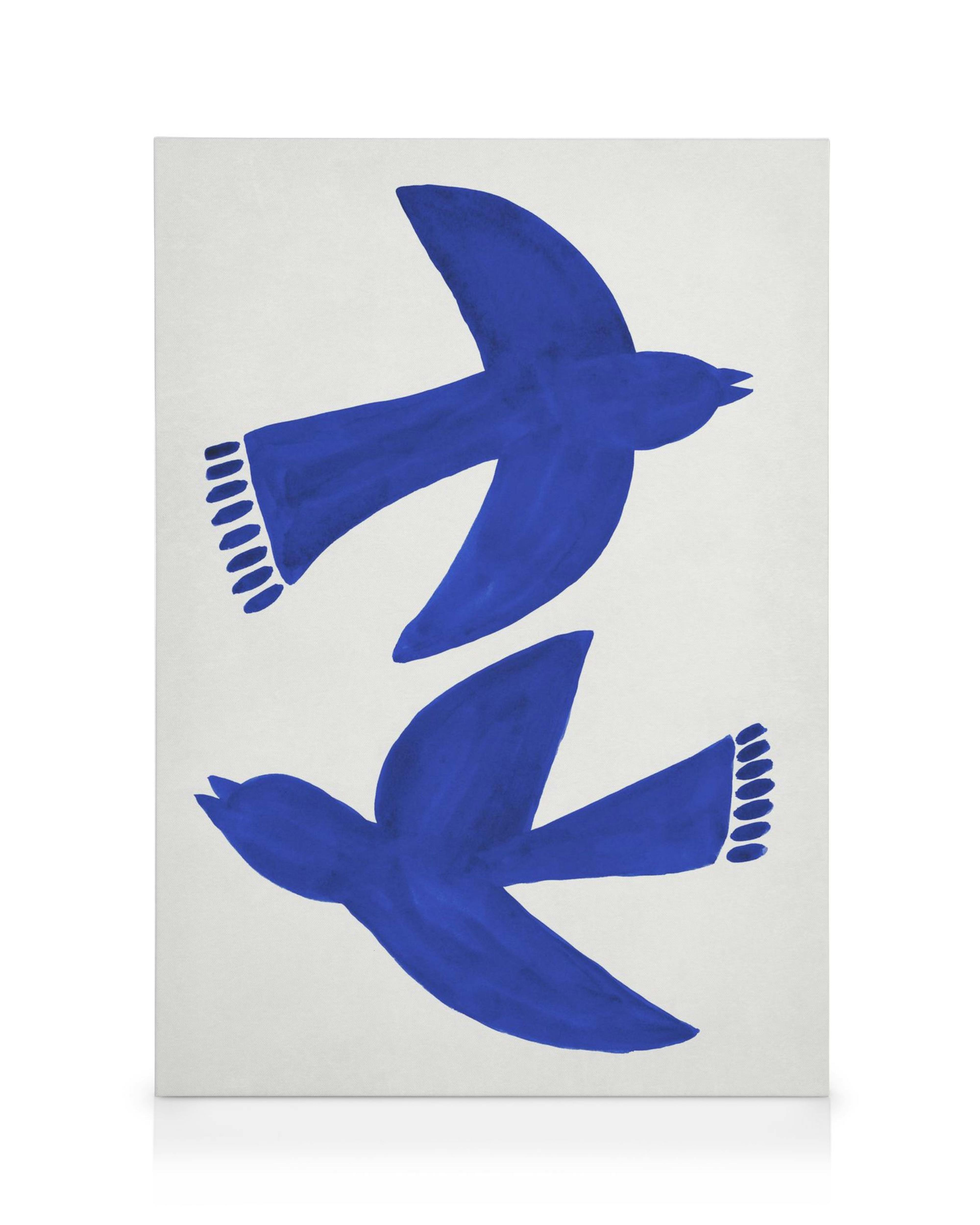 Bluebirds Fly canvas print, featuring two vibrant bluebirds in flight against a light background, minimalist art style.