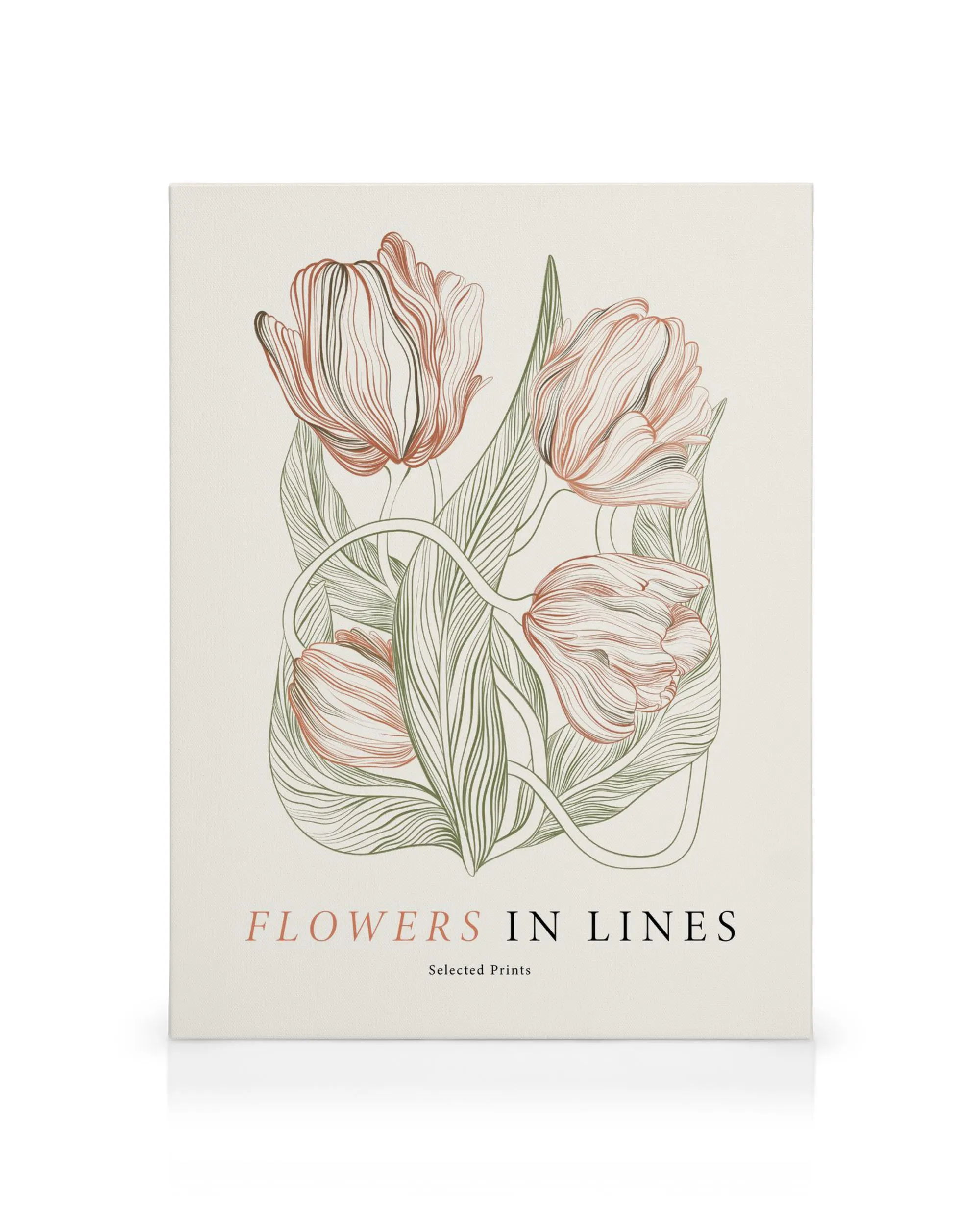 Lienzo Flowers in Lines No2 con tulipanes rosas y blancos estilizados, hojas verdes, sobre fondo crema.