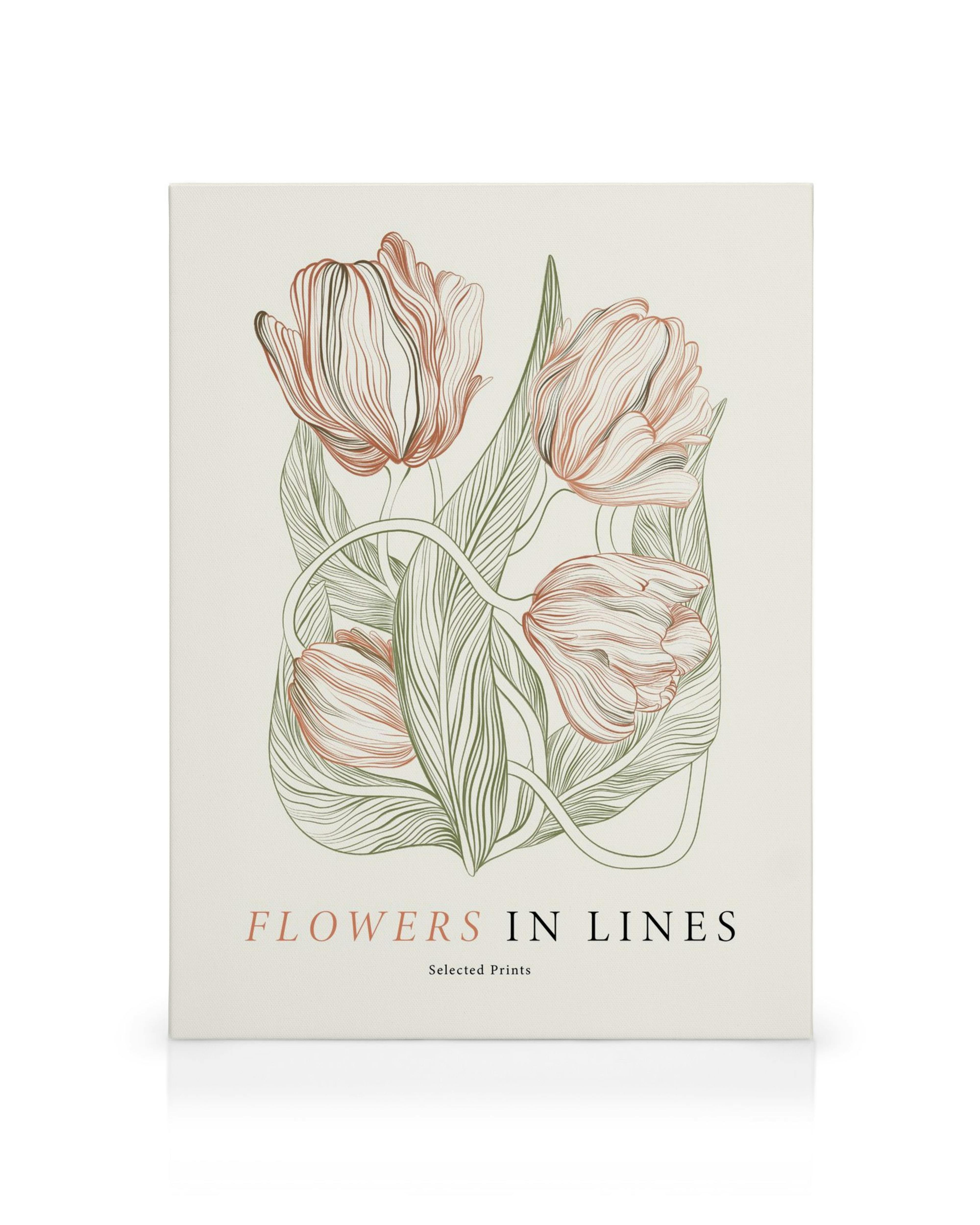 Tela com três tulipas estilizadas em rosa e branco sobre fundo creme, com folhas verdes e caules. Arte de parede floral.