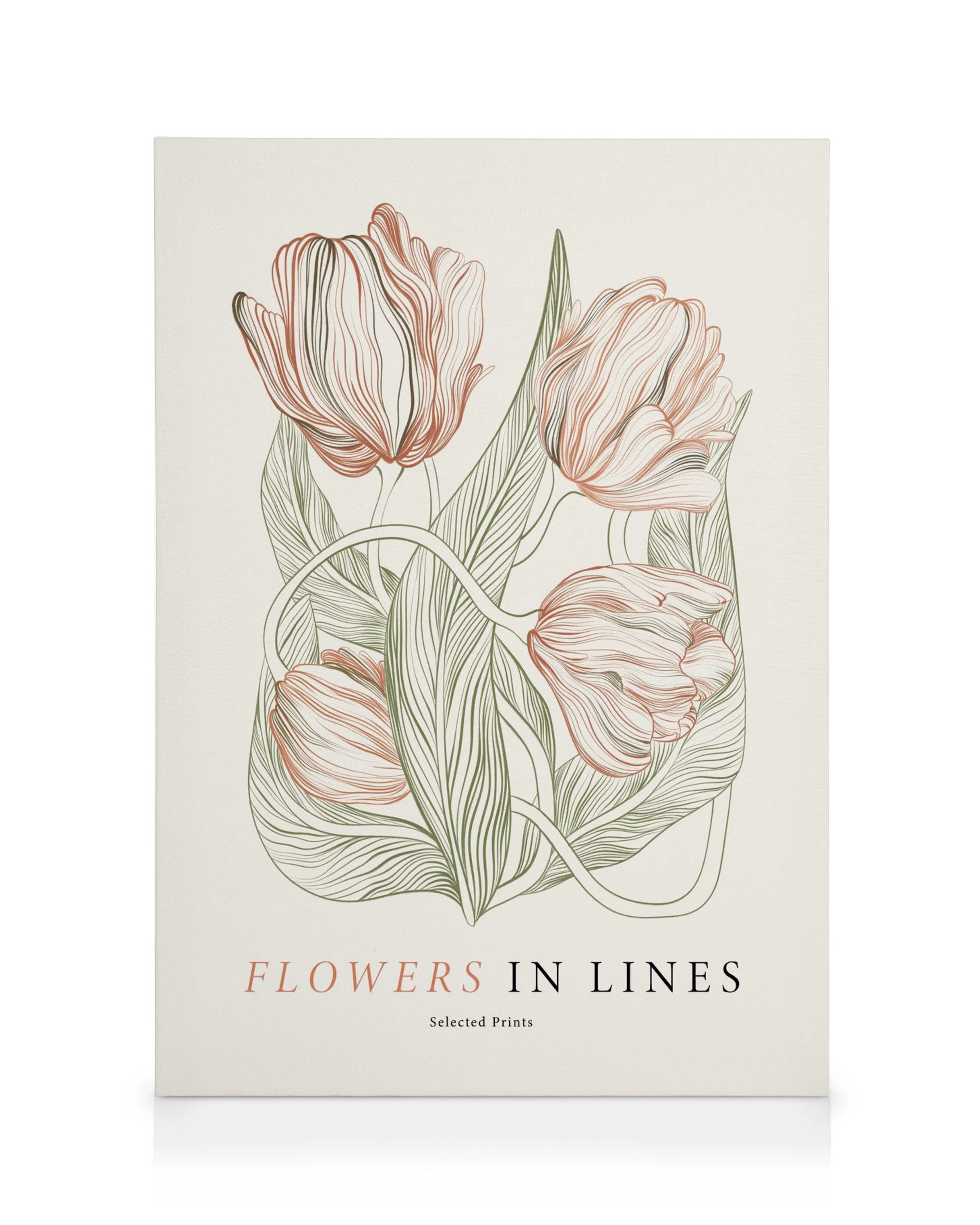 Stampa su tela con tre tulipani stilizzati rosa e bianchi su sfondo crema, foglie e steli verdi.