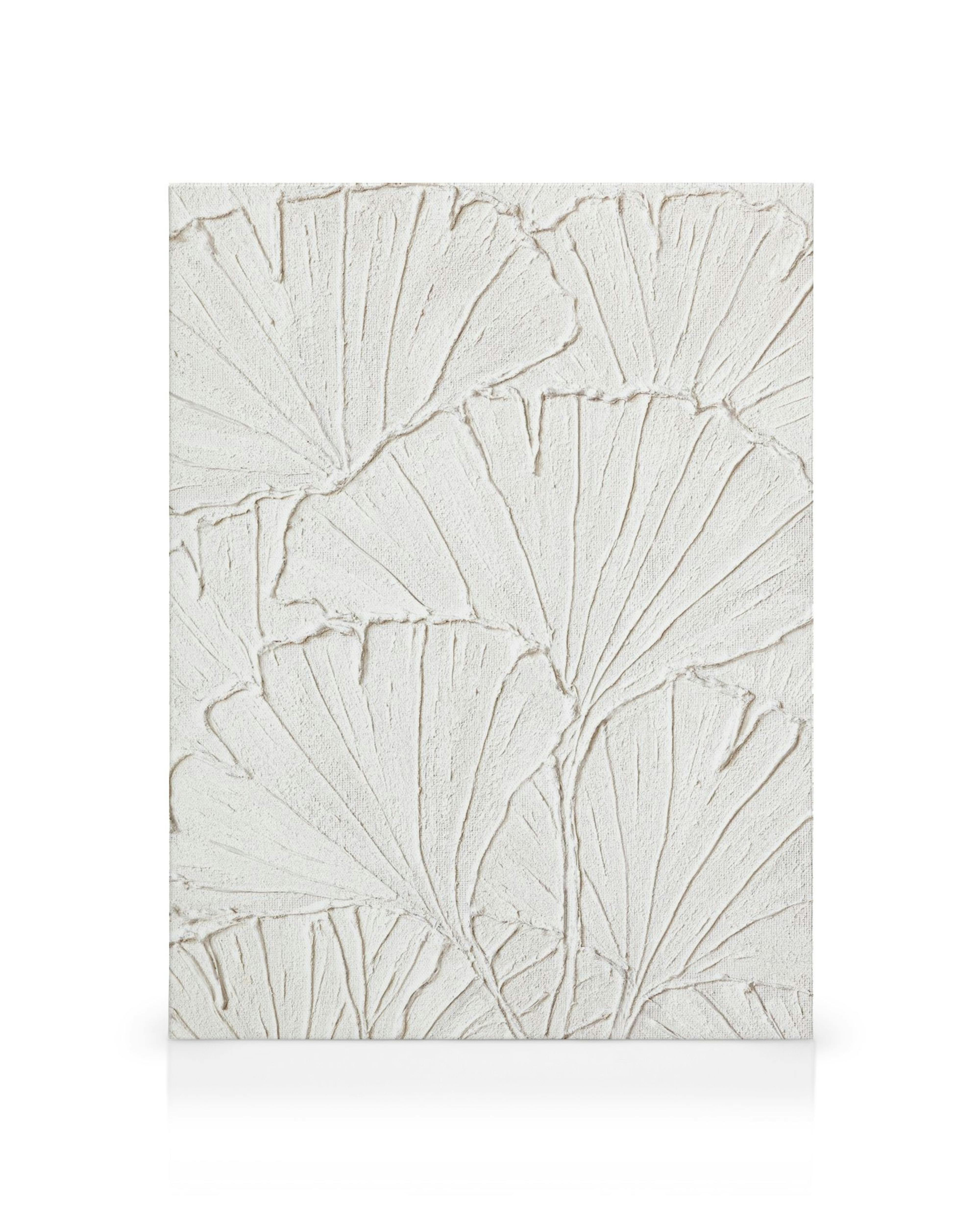 White textured canvas print with raised ginkgo leaf pattern, botanical wall art, abstract nature decor.