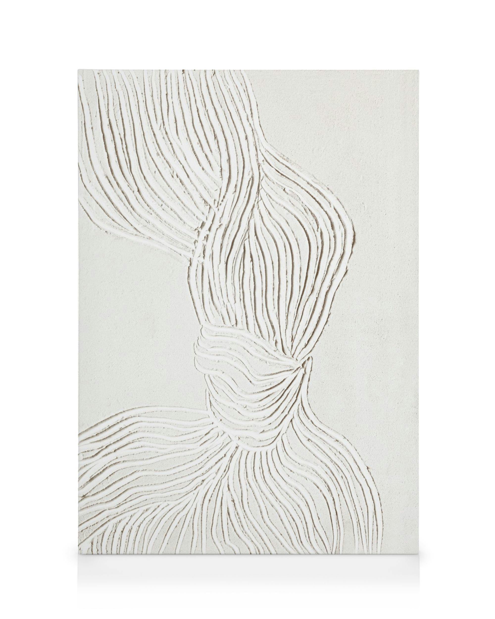 Abstrakt vit kanvas med upphöjda linjer som bildar knutliknande texturer, en modern väggdekoration.