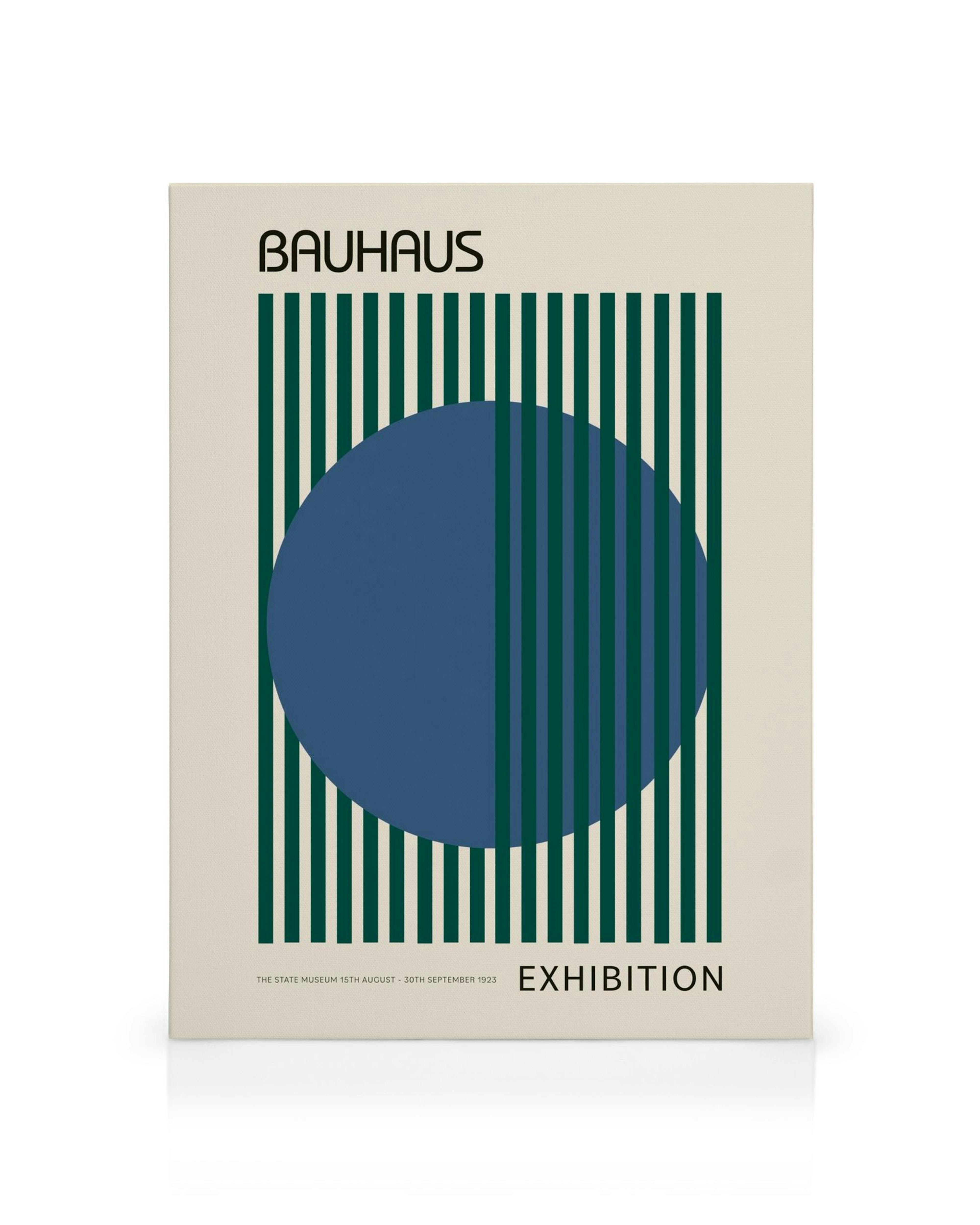 Lienzo Bauhaus Exhibition: texto estilizado, rayas verdes, forma ovalada azul sobre fondo blanco. Arte moderno vibrante.