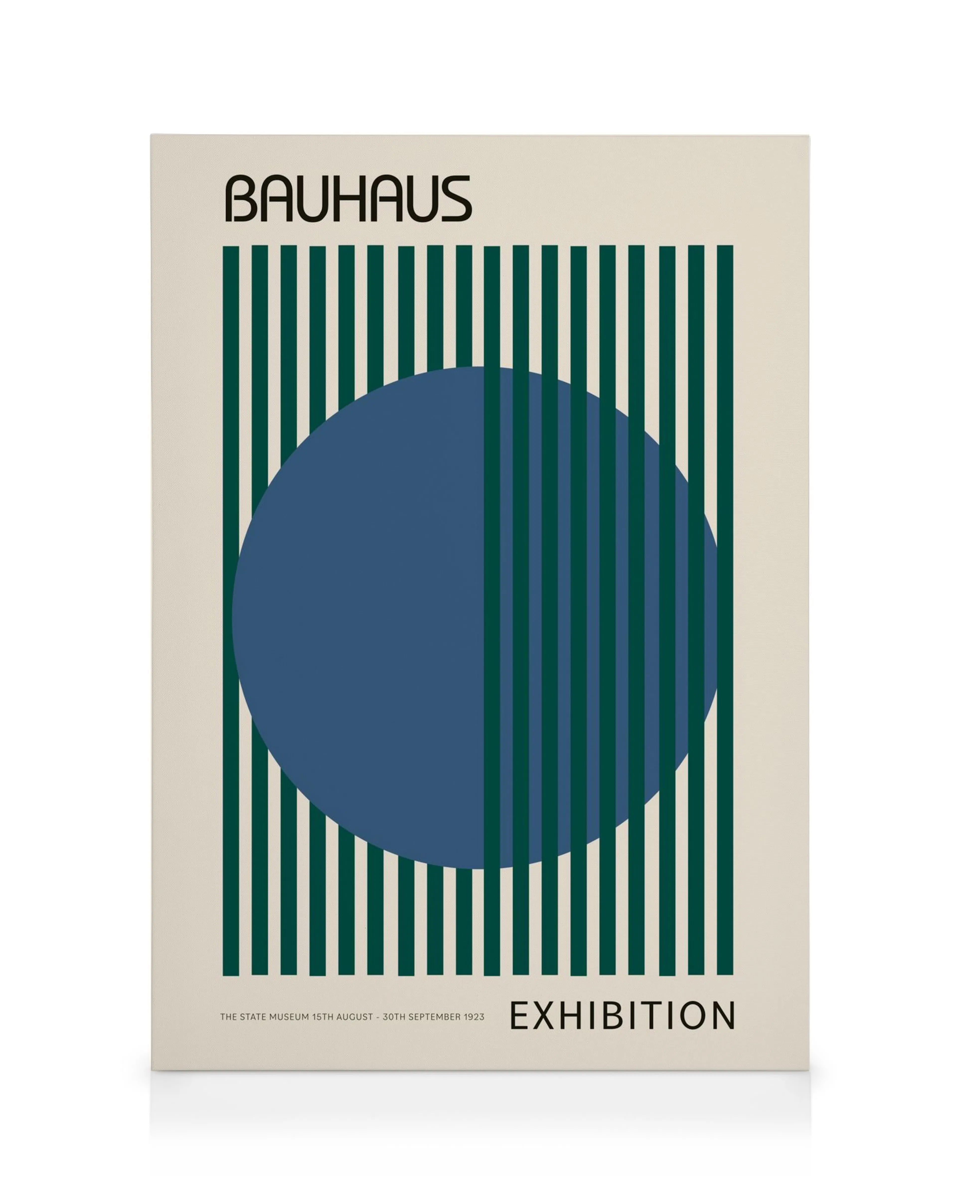 Canvastavla i Bauhaus-stil med texten Bauhaus Exhibition, gröna ränder och en blå oval på vit bakgrund.